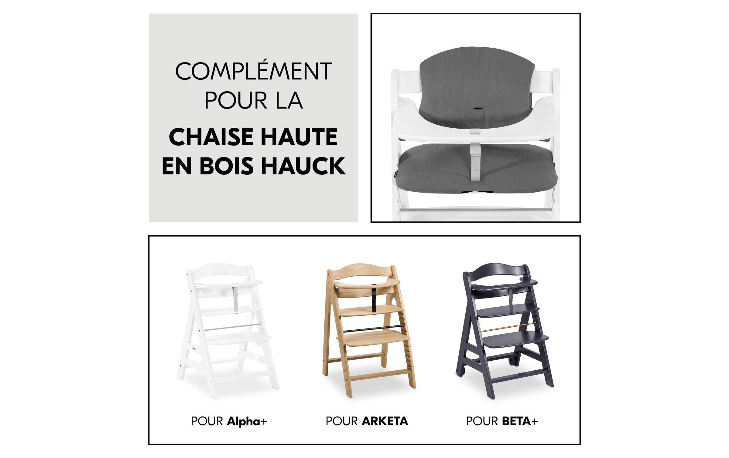 Hauck Housse de siège pour enfant »Highchair Pad Select Muslin, dark Grey« pour les chaises hautes en bois hauck Alpha+, Beta+ et Arketa