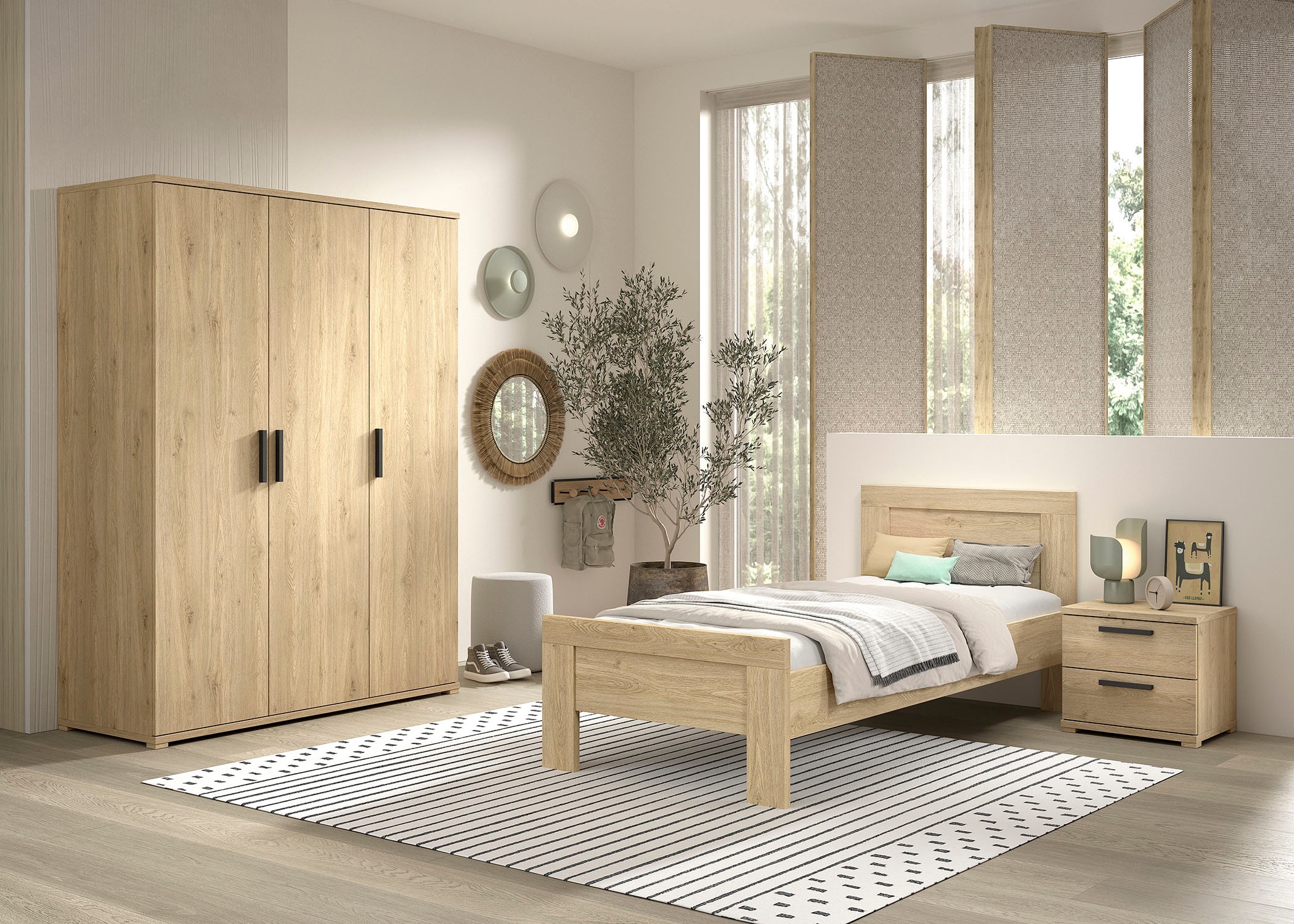 Vipack Set de chambre d'adolescent »SAM - Bett, Nachtkonsole, Kleiderschrank 3-trg., gradliniges Design« Tiroirs sur coulisses métalliques, armoire 3 portes avec beaucoup de rangement, 3 pièces tlg.