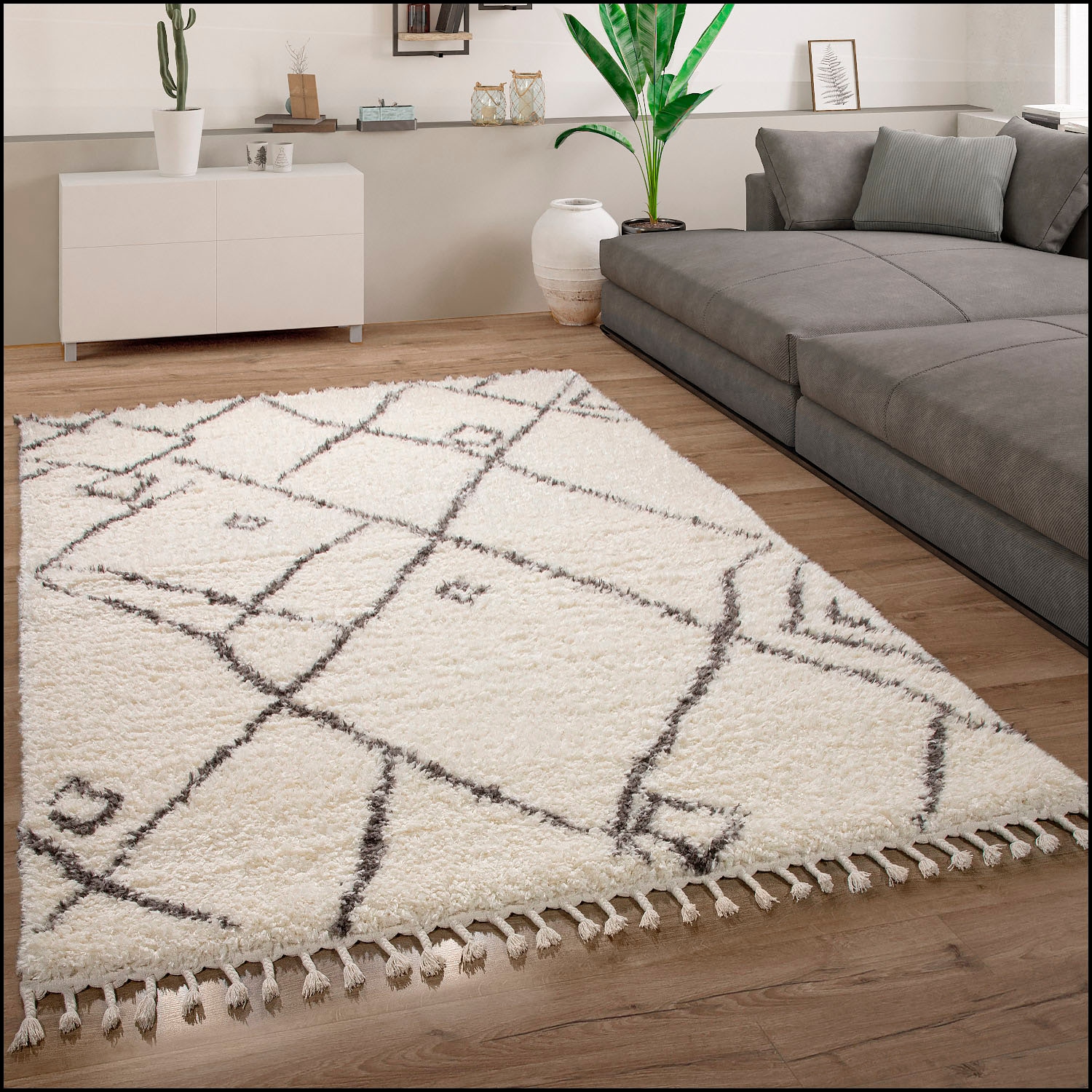 Paco Home Tapis à poils longs »Orebro 171« Rectangulaire 44 mm Höhe modernes Rauten Muster, besonders weich & kuschelig, mit Fransen