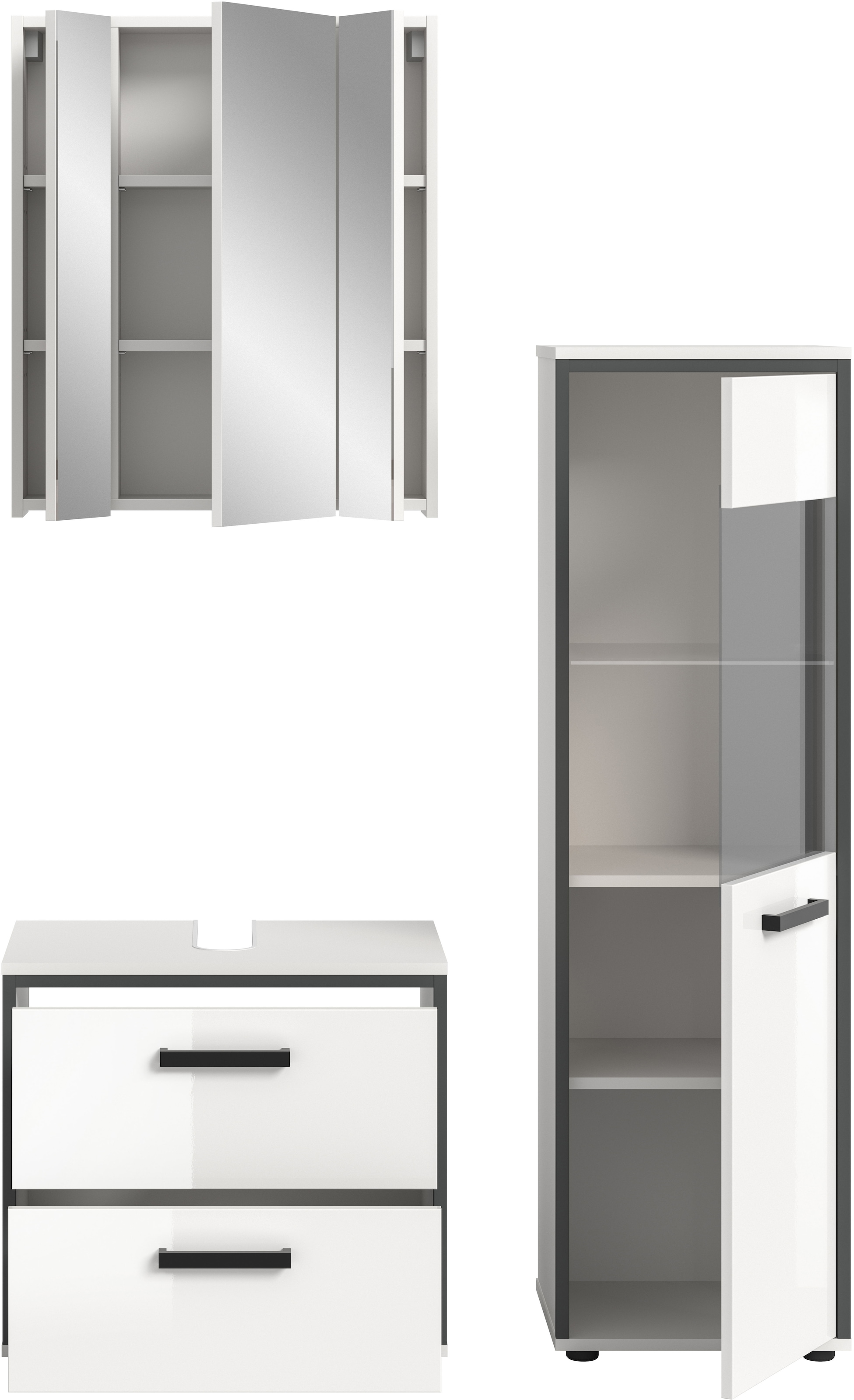 welltime Badmöbel-Set »KAJO, 3-tlg. Badkombination, weiss hochglanz« Set, Set, best. aus:1 Midischrank,1Spiegelschrank,1Waschbeckenunterschrank, 3 Stk. tlg.