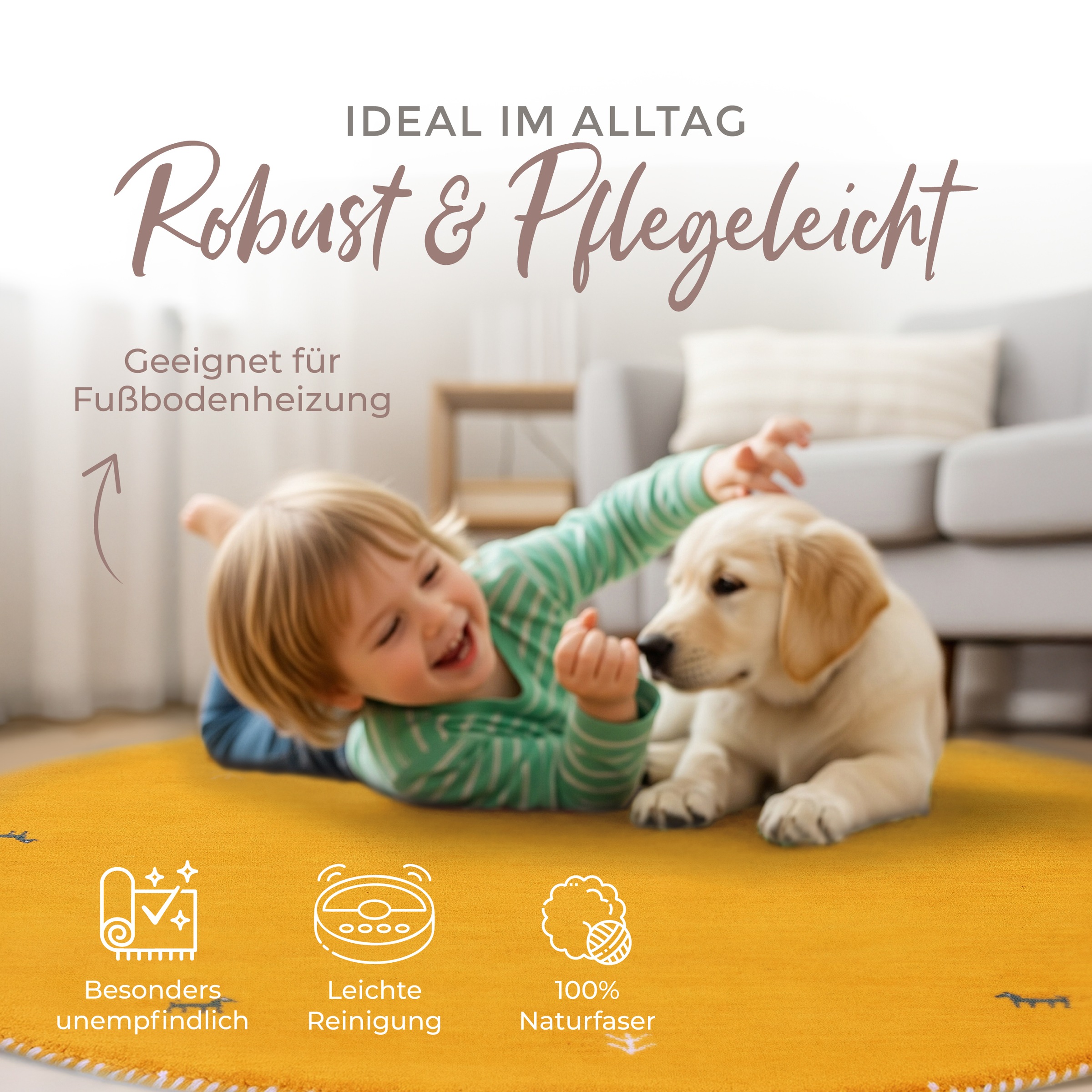 carpetfine Wollteppich »Gabbeh Uni« rund 15 mm Höhe reine Wolle handgewebt, Gabbeh Tiermotiv warmes Raumklima viele Grössen