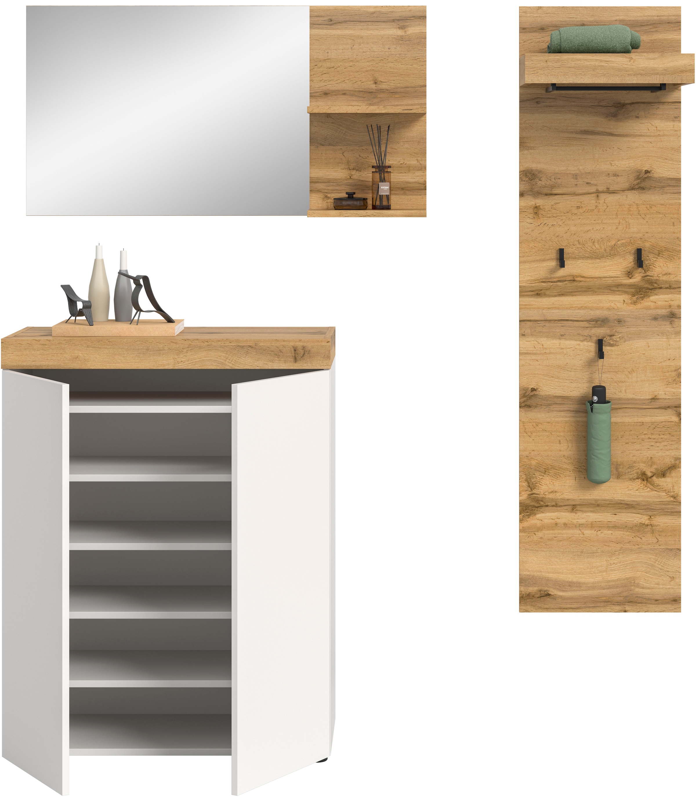 GOODproduct Ensemble de vestiaires »MAMBO, TOPSELLER!, 3-teilige Kombination, stehend & hängend montierbar« bestehend aus: Kommode, Spiegel, Garderobenpaneel, 3 cuis tlg.