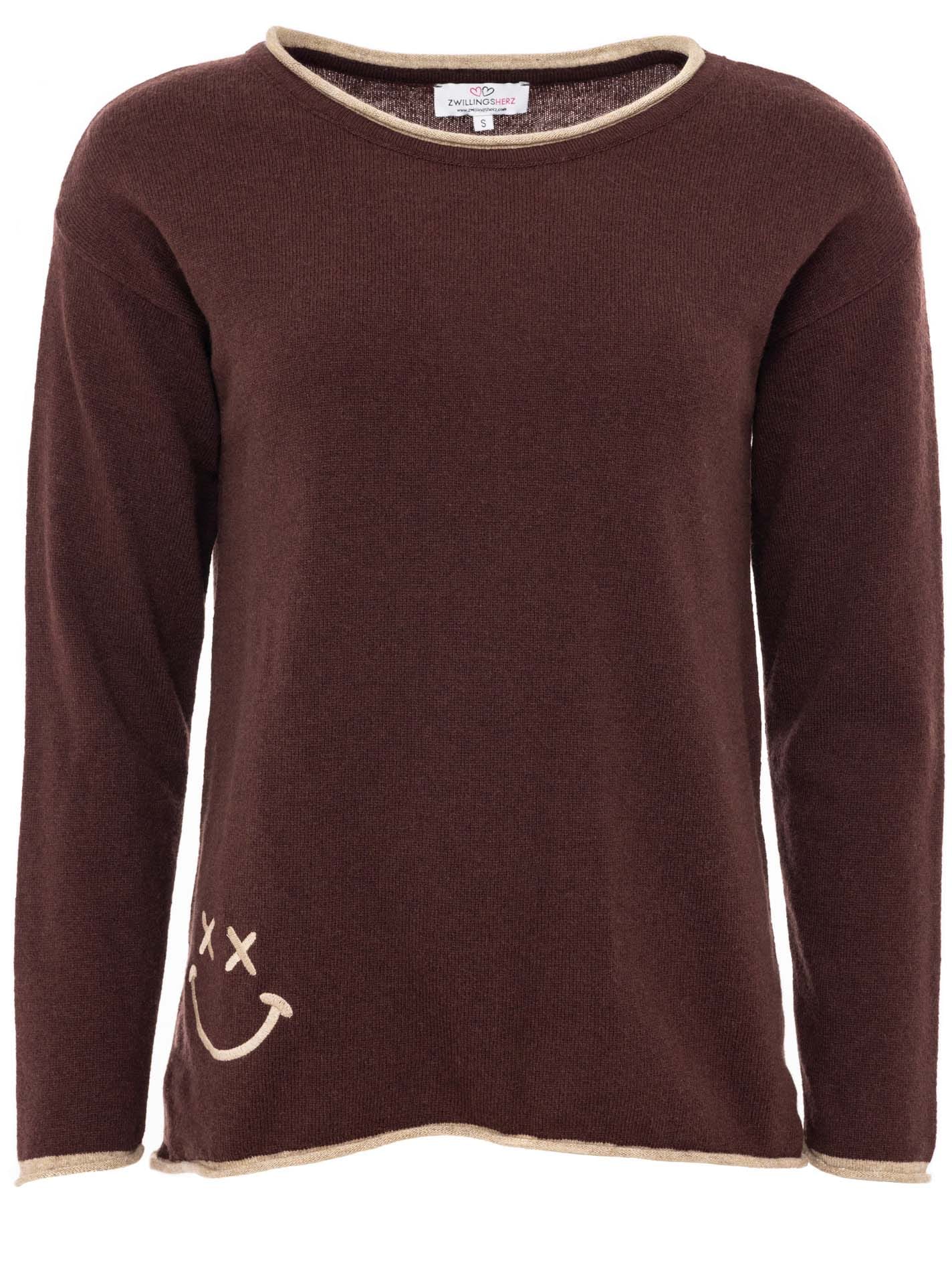 Zwillingsherz Rundhalspullover »"Happy Face"« Stickerei, aufgerollte kontrastfarbige Bündchen