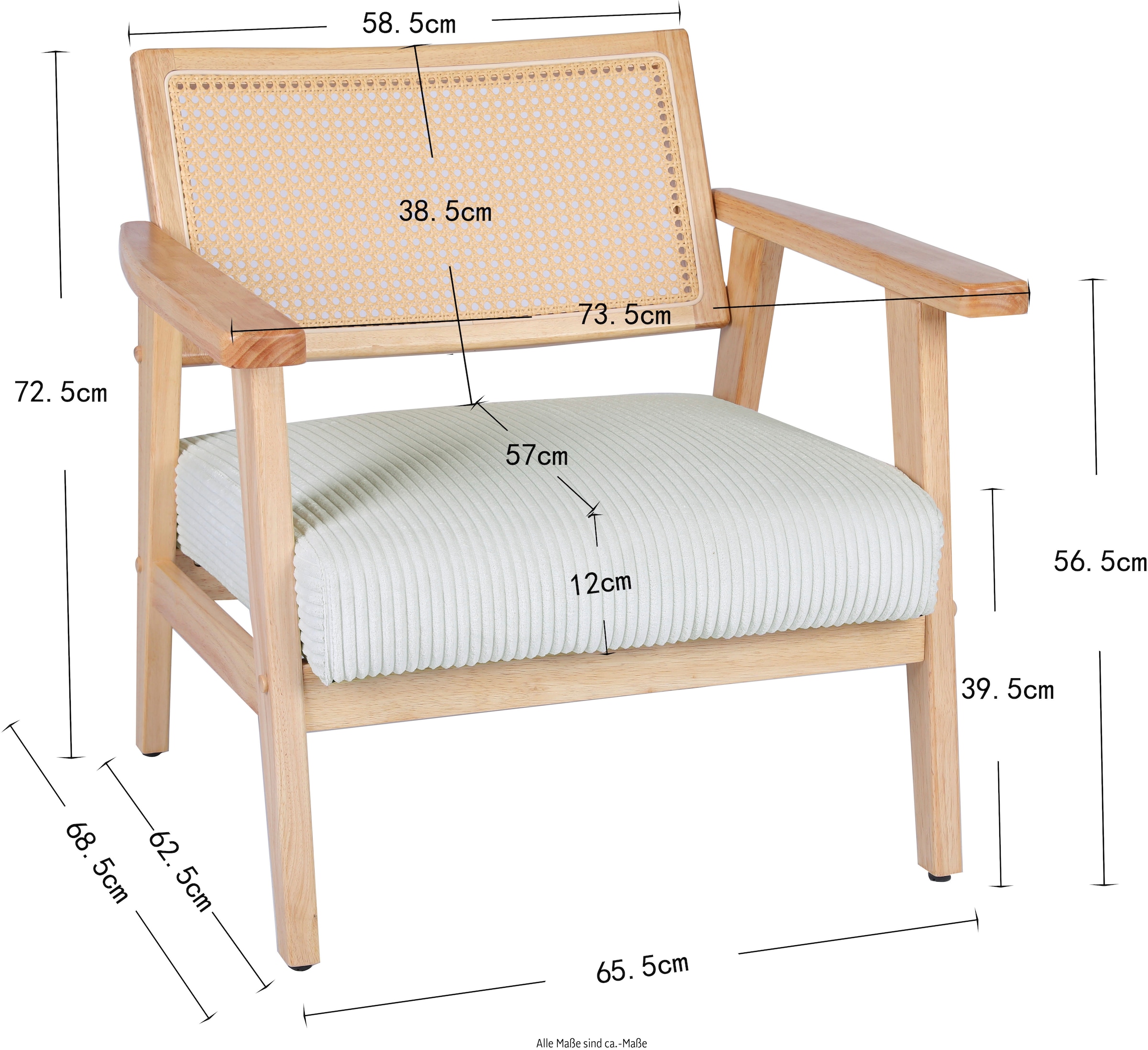 Home affaire Fauteuil lounge »VILLAINE« fauteuil individuel, fauteuil en rotin avec tressage viennois, velours côtelé, tissu tissé