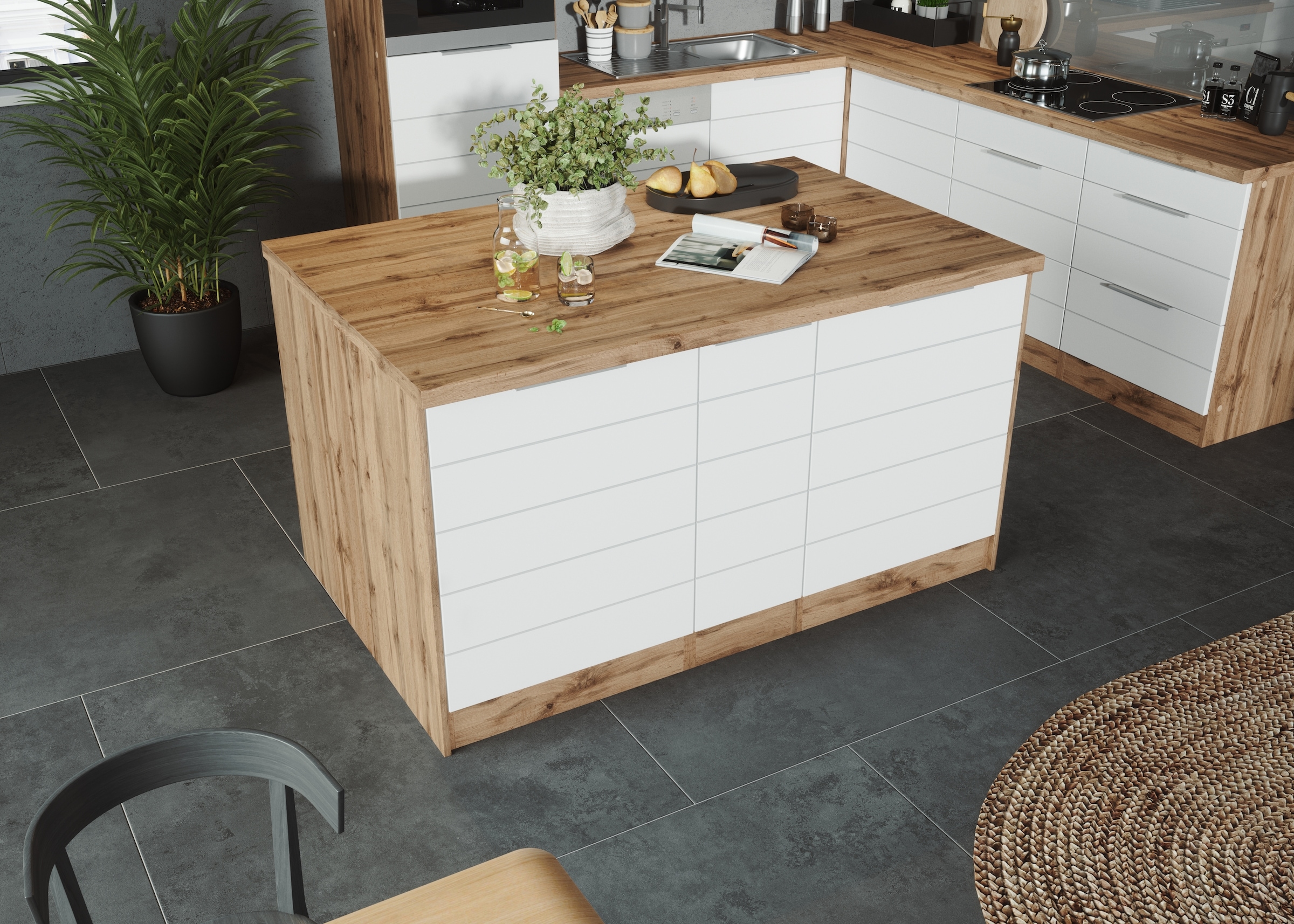 KOCHSTATION Ilot de cuisine »KS-Luhe, Breite 153 cm, mit Flaschenregal« façades MDF, plan de travail épaisseur 38mm