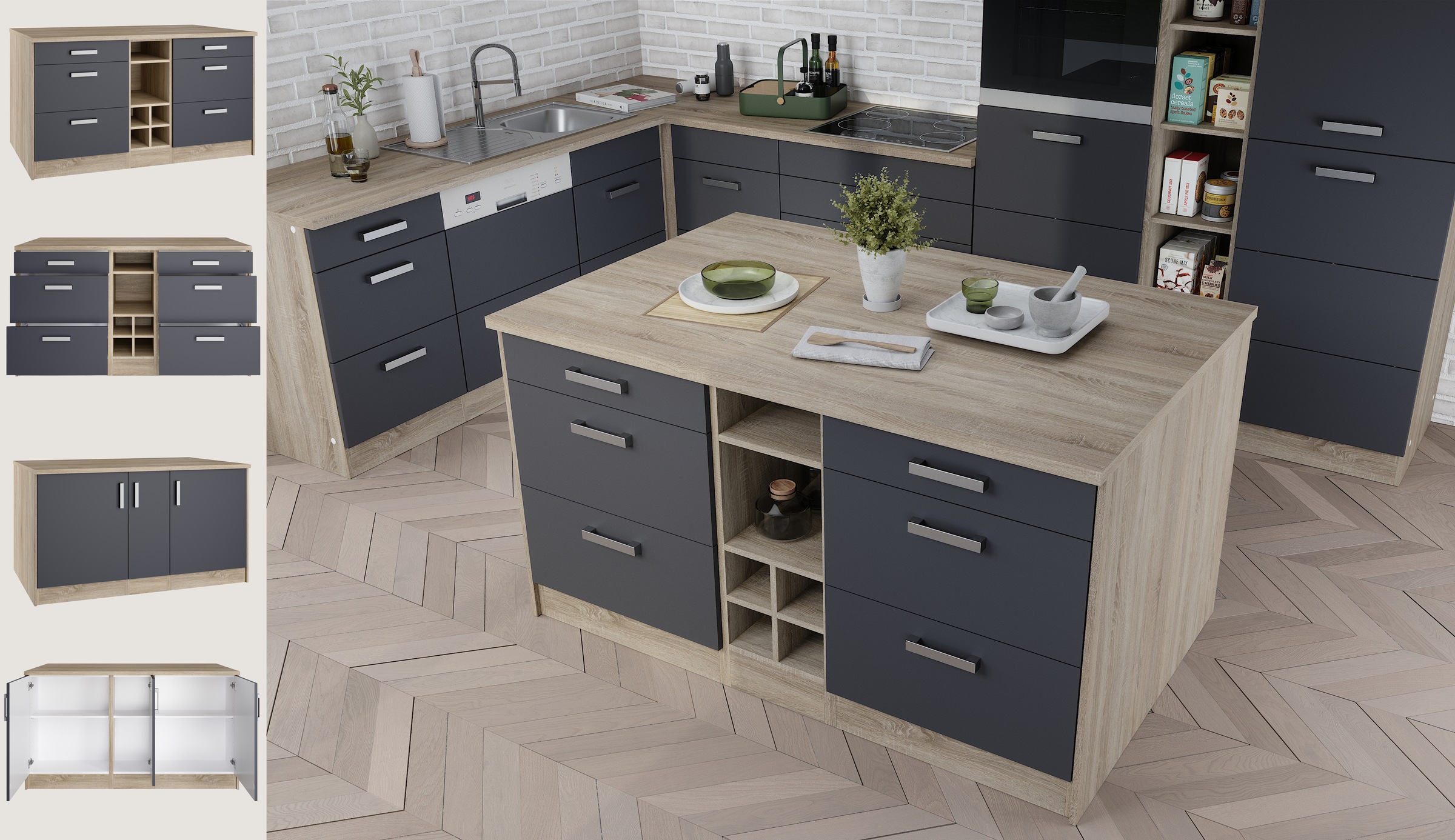 KOCHSTATION Ilot de cuisine »KS-Toronto« largeur 153 cm, façades MDF, casier à bouteilles