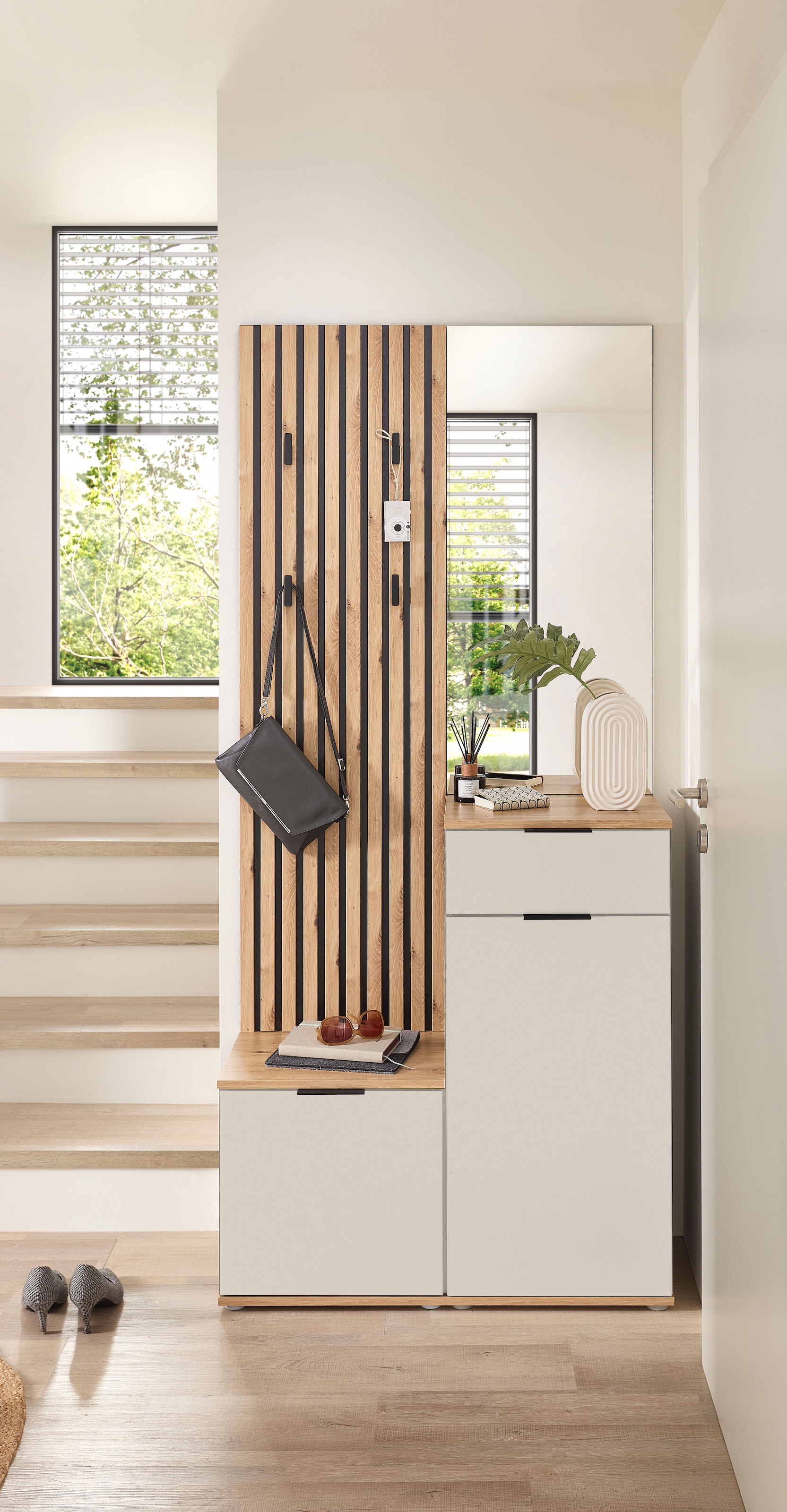 HBZ Vestiaire compact »Simple mit Spiegel, Flurgarderobe BxHxT 88x195x35 cm« 4 cuis tlg. avec banc, panneau, meuble à chaussures avec tiroir et miroir