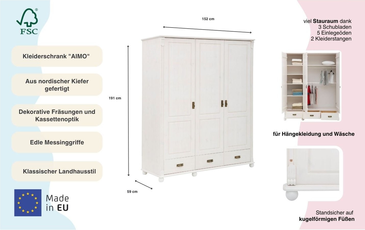 GOODproduct Armoire à portes battantes »"Aimo", 3 türig, Landhausstil, Kassetten« B/H/T ca. 152/191/59 cm,  aus Massivholz; FSC®-Holz, Messinggriffe, Schubladen, stabile Qualität