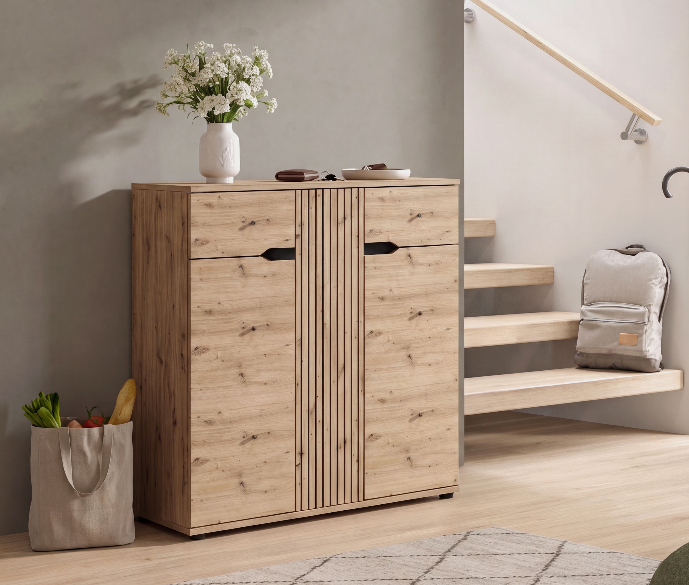GOODproduct Commode à chaussures »FJELL, Breite 104cm, 3 Türen, 2 Schubkästen, 6 Einlegeböden, 9 Fächer« Armoire de rangement, armoire à chaussures, commode, buffet, vaisselier