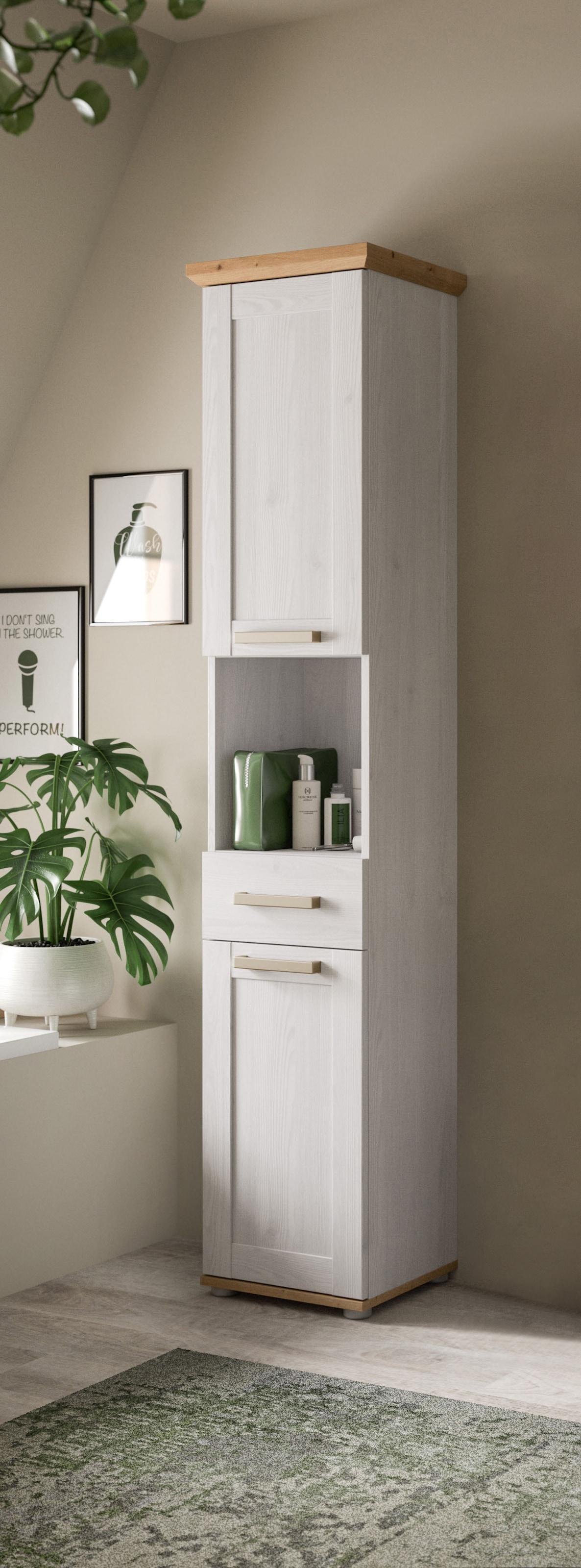 welltime Armoire haute »COSENZA, Höhe 187cm, 2 Türen, 1 Schubkasten, 1 offenes Fach« in Landhausoptik, mit weiteren Artikel der Serie kombinierbar, 1 cuis tlg. Hochschrank, Bad, Badezimmerschrank