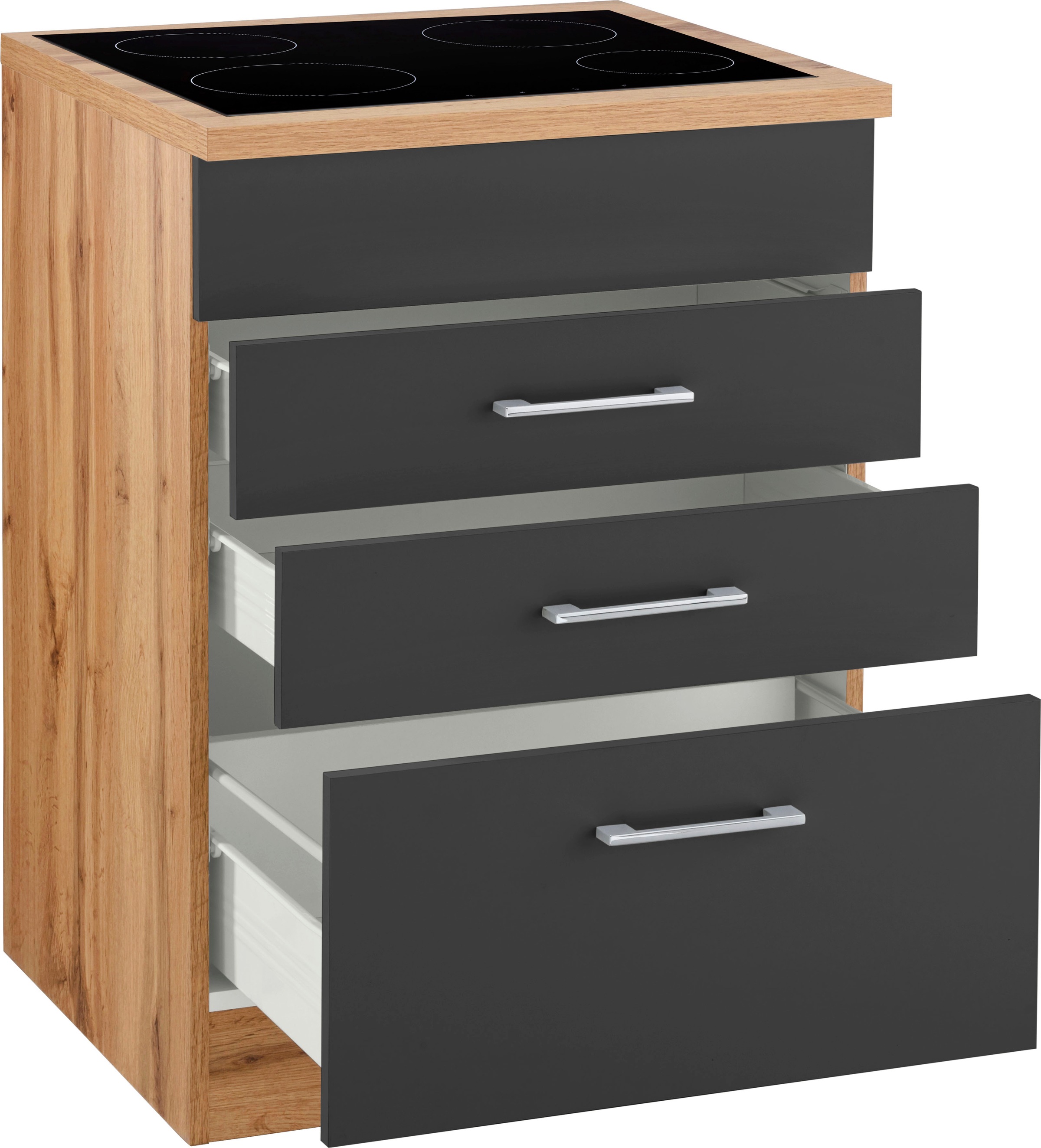 KOCHSTATION Armoire d'encastrement pour table de cuisson »KS-Colmar« 60 cm, avec poignée en métal, 2 tiroirs et 1 extension