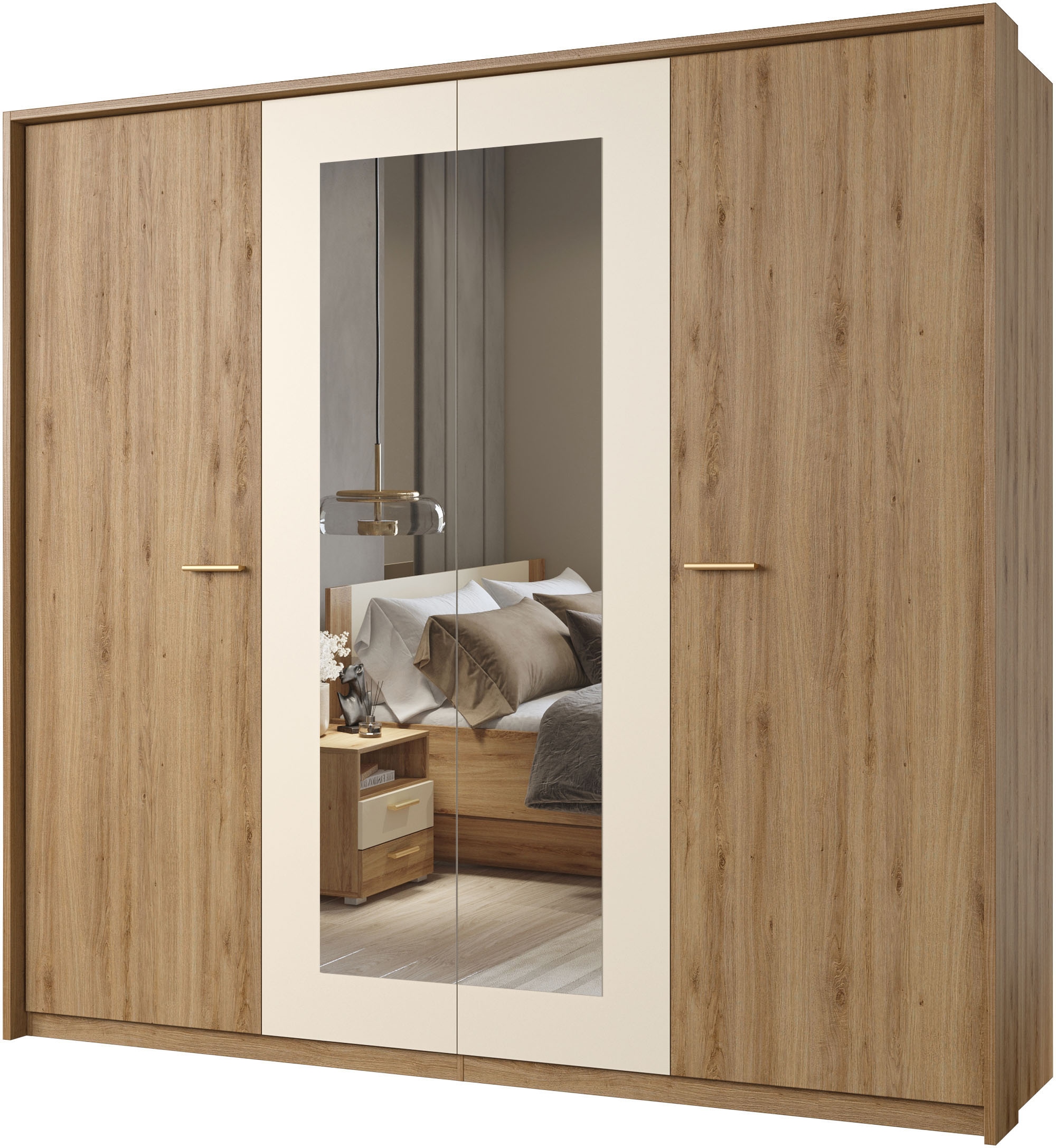 Home affaire Ensemble de chambre à coucher »Bitry,Set 4-St(Bett 180 cm, 2xNako, Drehtürenschrank)« Komplettschlafzimmer, viel Stauraum, fühlbare Struktur, Holzoptik