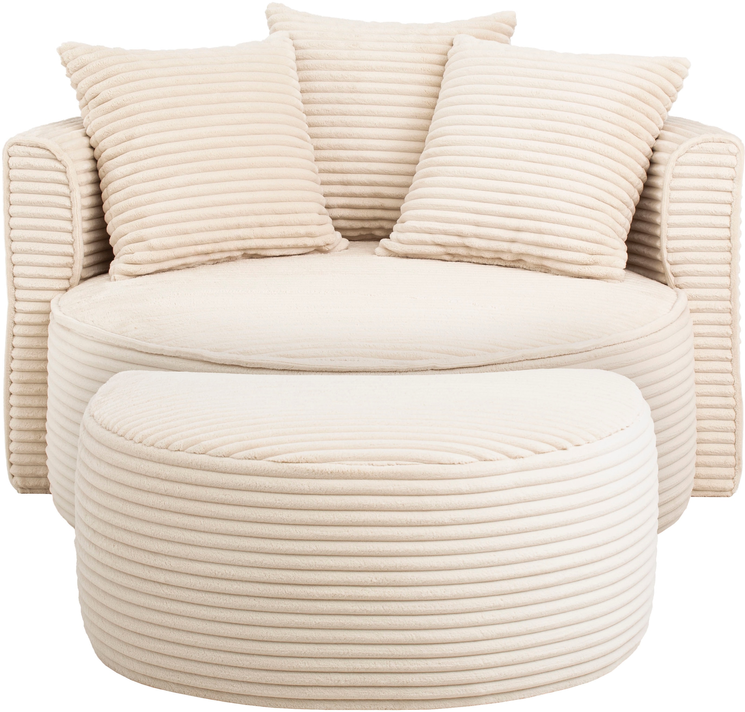 LeGer Home by Lena Gercke Fauteuil XXL »ISALIE Cord, Rundsessel mit Hocker, Lesesessel, Loveseat, Big-Sessel« Ensemble,  tissus d'ameublement tendance, 3 coussins décoratifs, grande surface d'assise