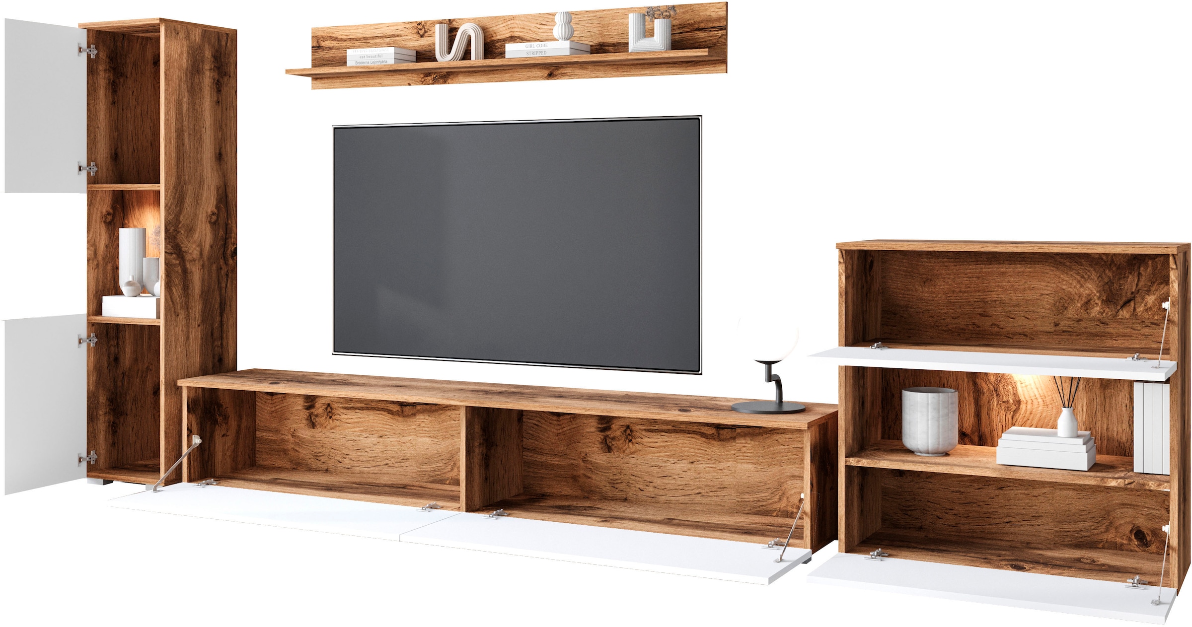 GOODproduct Wohnwand »PARIS, Vitrine Türanschlag links/rechts wechselbar« Komplett-Set, 4 Stk. tlg.