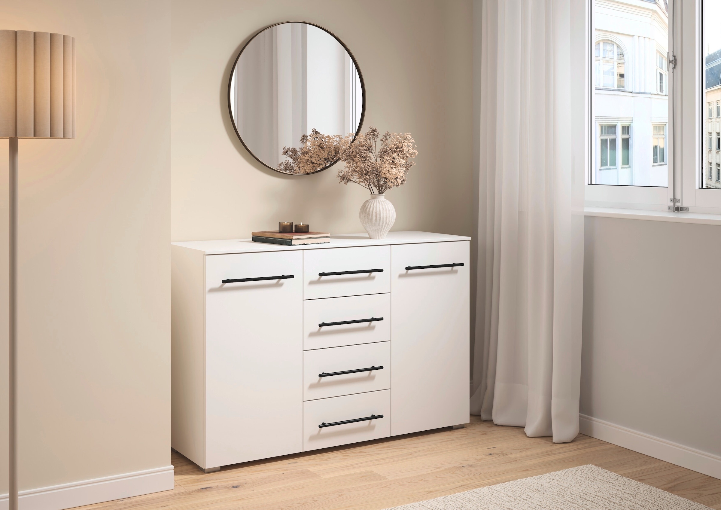 GOODproduct Kombikommode »Sideboard Türkommode Schubladenkommode Kommode RONDO« Breite 120 / Höhe 81 cm, 4 Einlegeböden,  mit 4 geräumigen Schubladen Metallgriff in Schwarz MADE IN GERMANY
