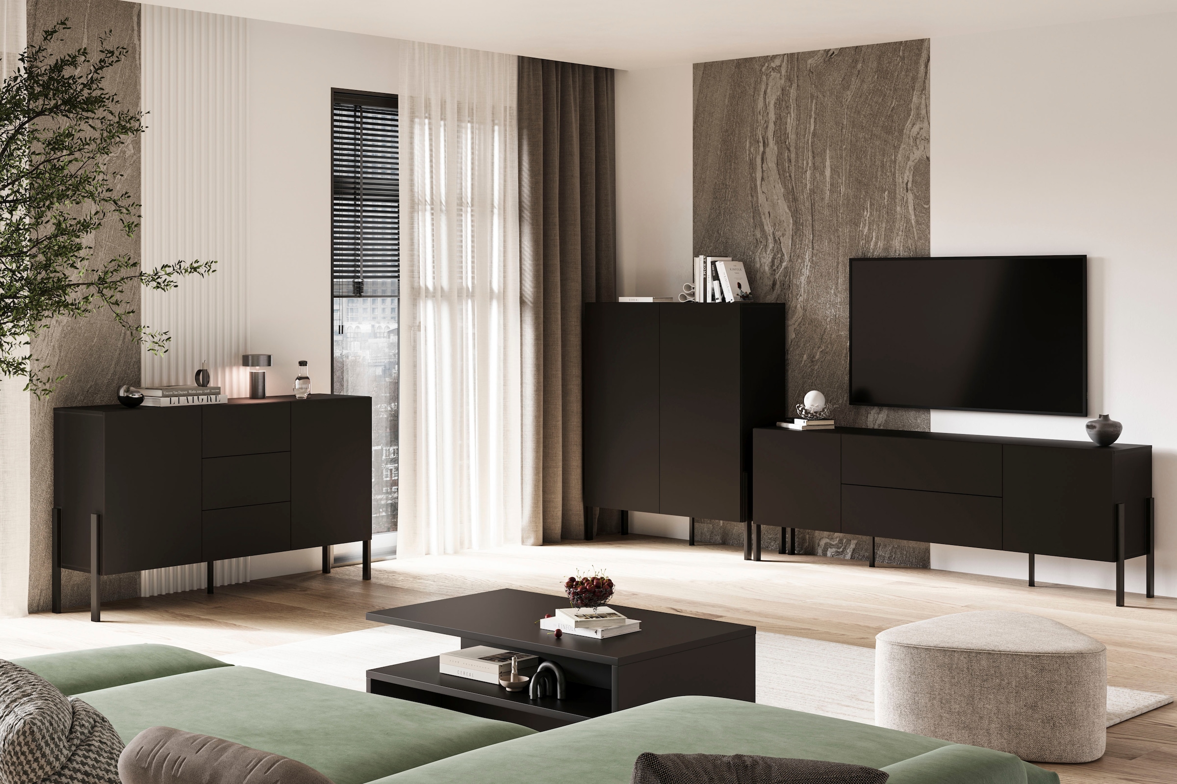 GOODproduct Sideboard »Jukon, Breite 150 bzw.180 cm, moderne grifflose Kommode« Schubladenschrank 2 Türen/3 Schubkästen, push-to-open-Funktion
