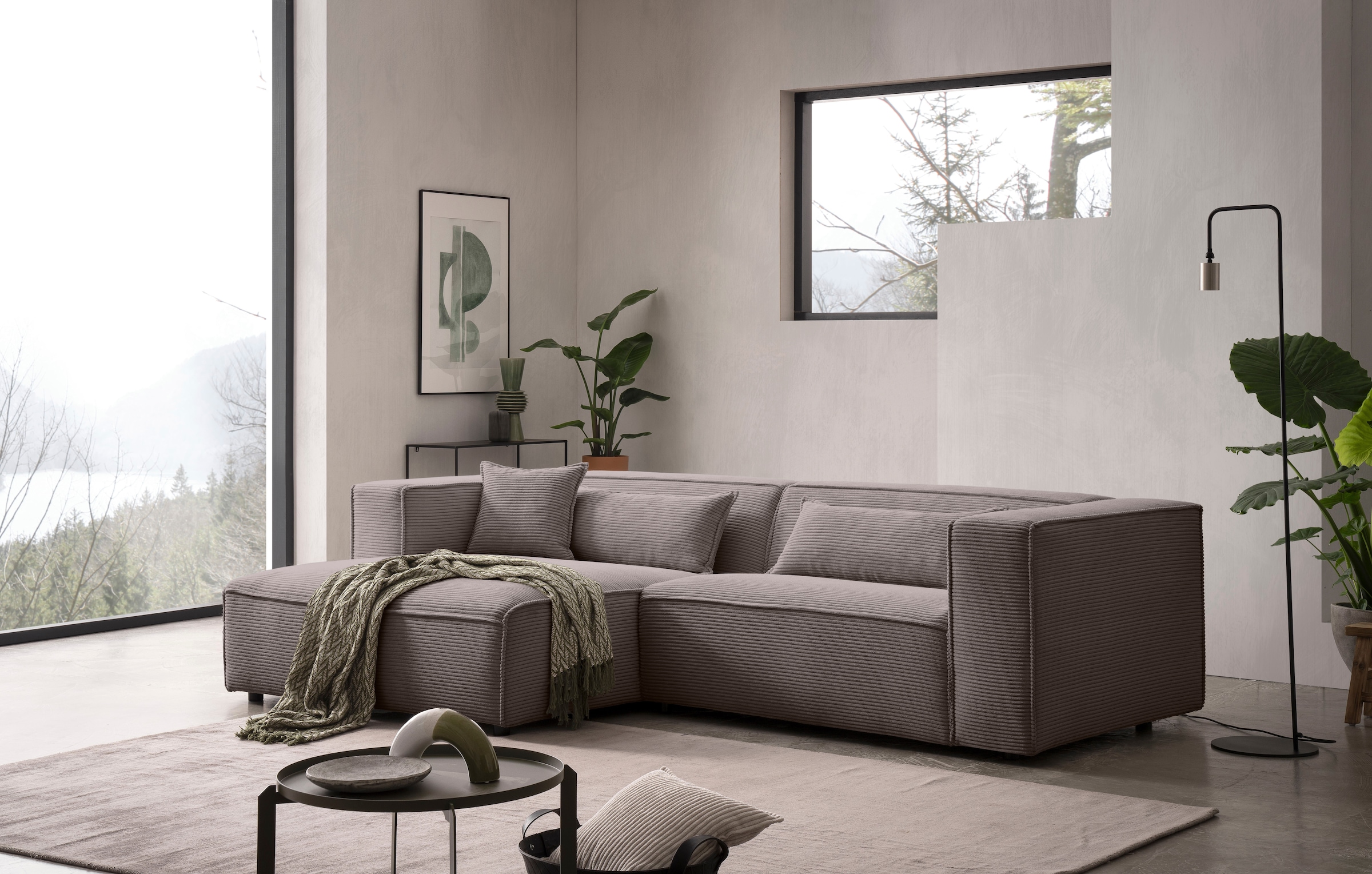 LeGer Home by Lena Gercke Canapé d'angle »PIARA mit Kedernaht, Cord, Leinenoptik o. Strukturstoff, Couch, L-Form« ottomane à droite/gauche au choix, pieds noirs, confort d'assise agréable