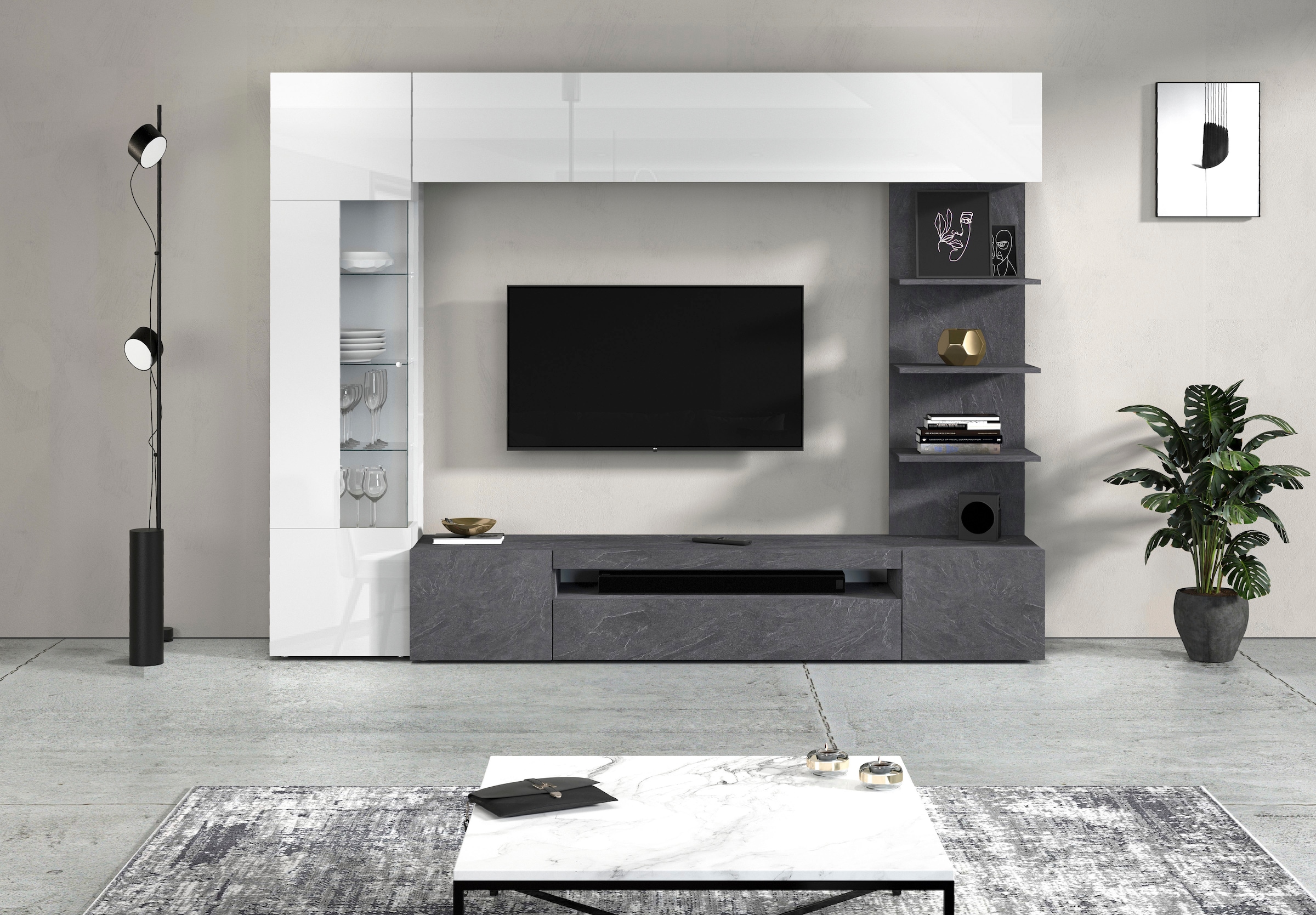 GOODproduct Meuble mural »Wohnwand New Egypt, Anbauwand, Medienwand, Wohnzimmerwand« Blanc laqué, toutes les autres couleurs en finition mate., 4 cuis tlg.