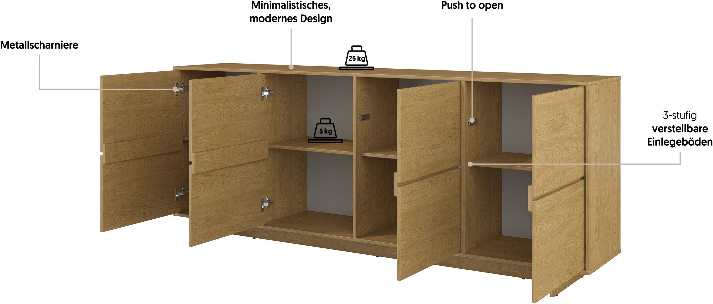 GOODproduct Buffet »Tatami, Stilvolle, moderne grifflose Kommode 4 Türen, Breite 220cm« Anrichte mit viel Stauraum, Böden verstellbar, push-to-open-Funktion