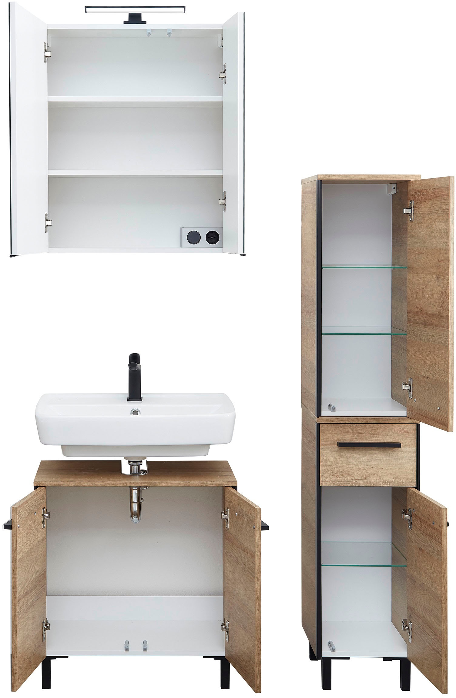 Saphir Ensemble de meubles de salle de bain »Quickset 395 3-teilig, Waschbeckenunterschrank mit LED-Spiegelschrank« 4 cuis tlg.