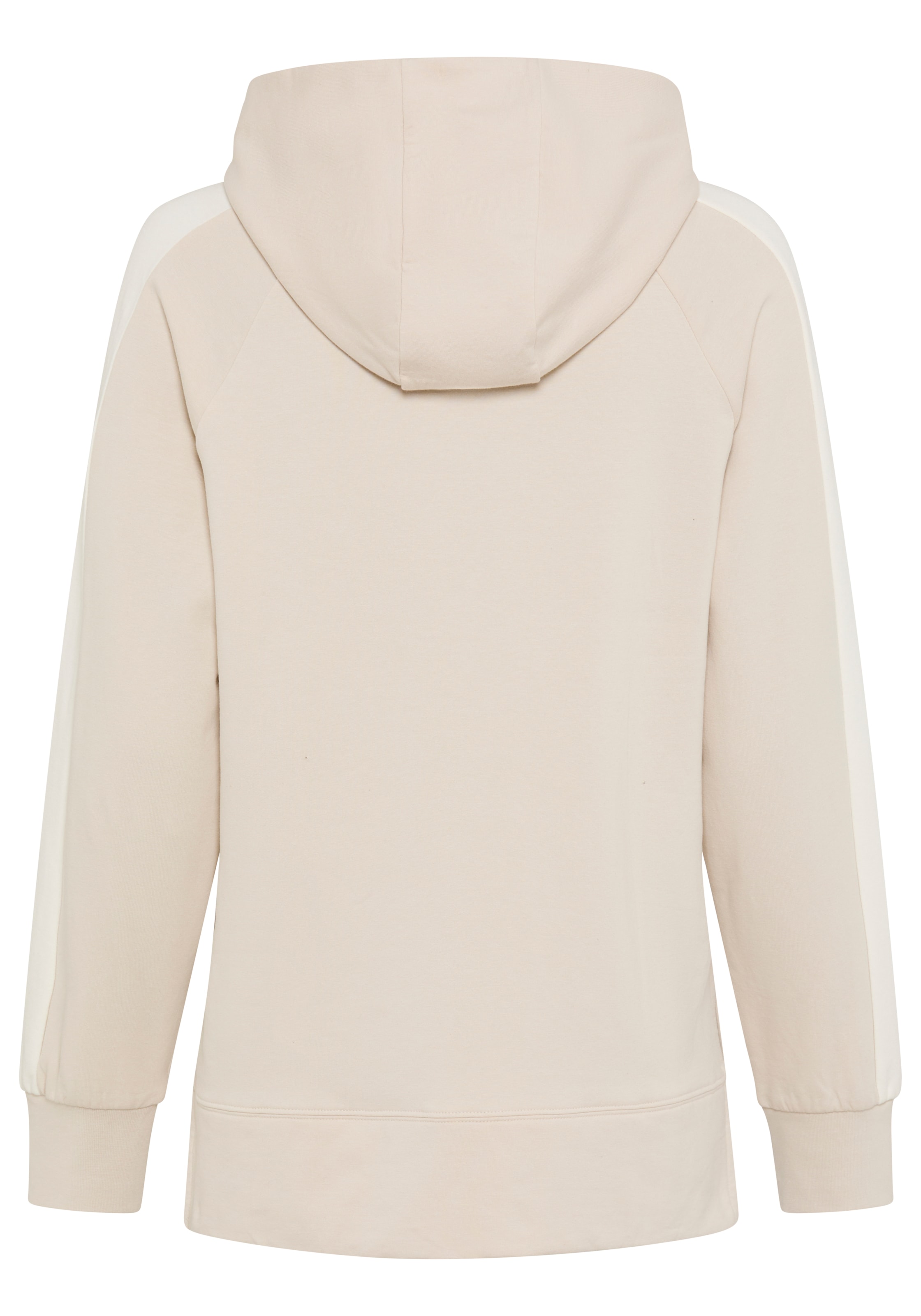 Tamaris Hoodie »mit Kapuze, hüftbedeckende Länge«, Avec rayures contrastantes et inscription, en coton élastique de qualité
