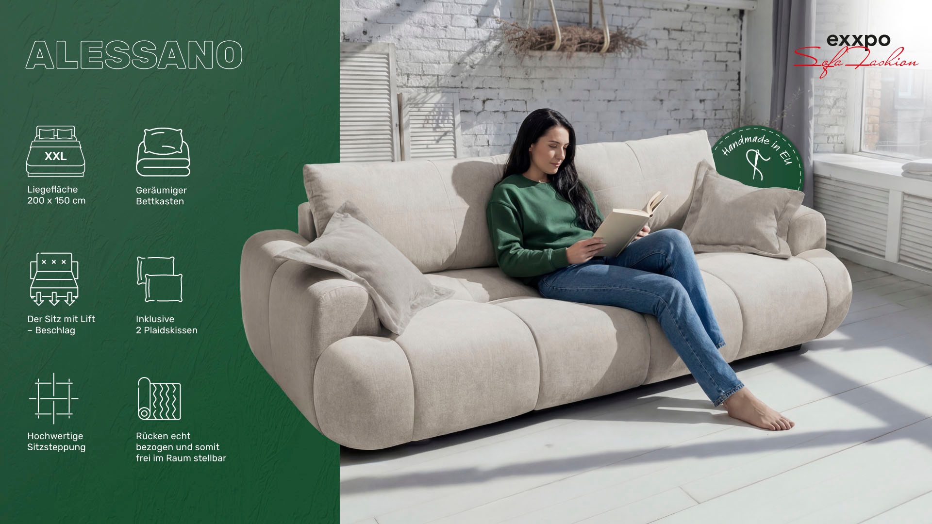 exxpo - sofa fashion 3-places »Alessano, 254 cm breit, modern & gemütlich« Verlässliche Qualität, inkl.Bettfunktion, Bettkasten, 2x Plaidskissen