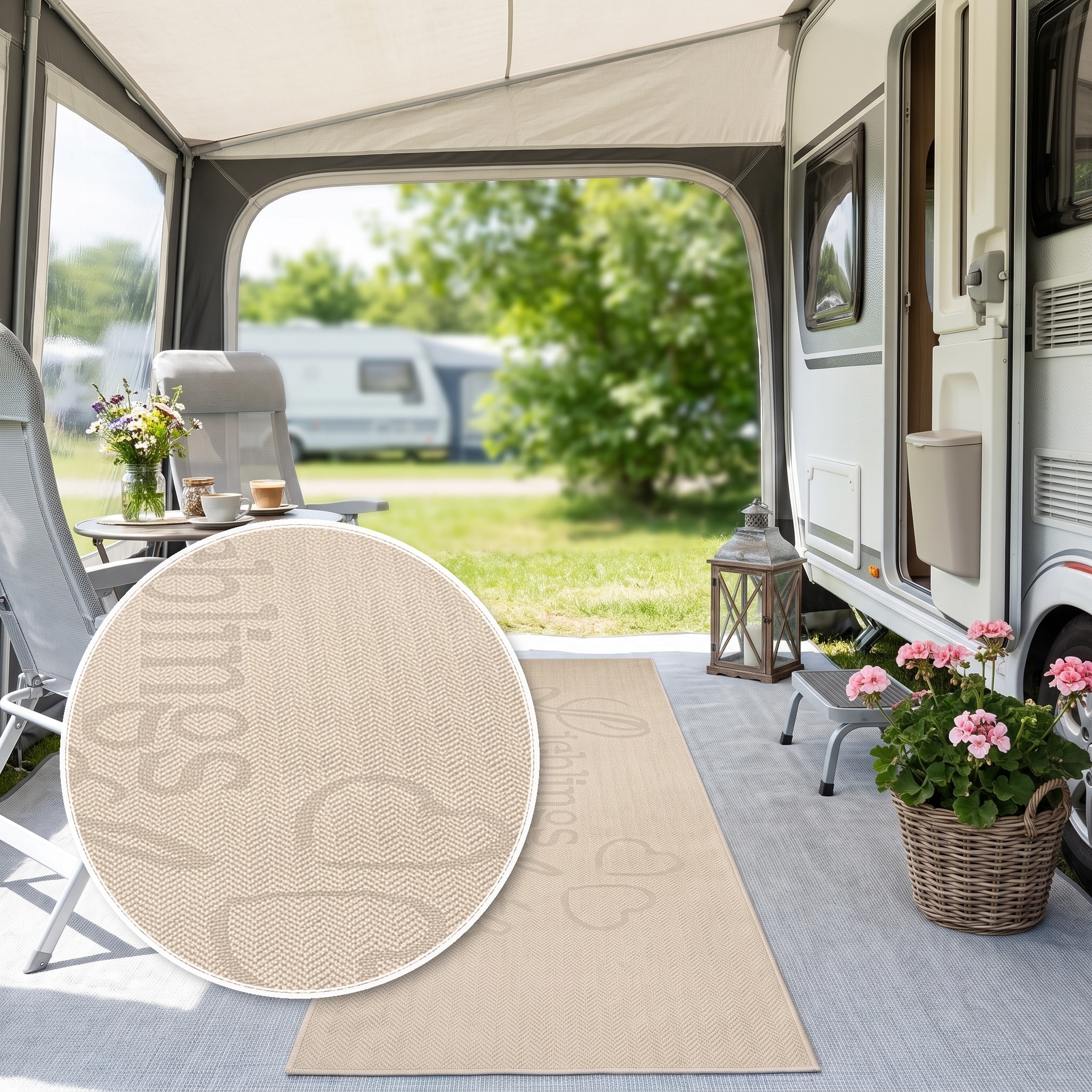 GOODproduct Läufer »Lieblingsplatz, mit Schriftzug, In- und Outdoor geeignet« rechteckig 5 mm Höhe Wetterfest, UV-beständig, Küchenläufer, Camping, Balkon