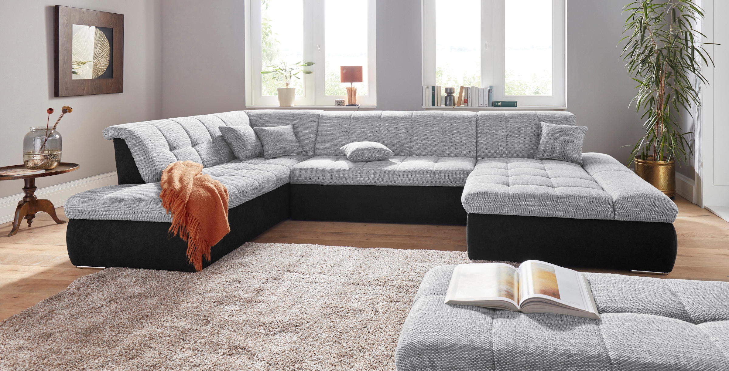 DOMO collection Paysage de salon »PB Moric wahlweise mit Bettfunktion und Armteilverstellung   U-Form« XXL-Format B/T/H: 353/216/80 cm, feine Steppung, incl. Zierkissen