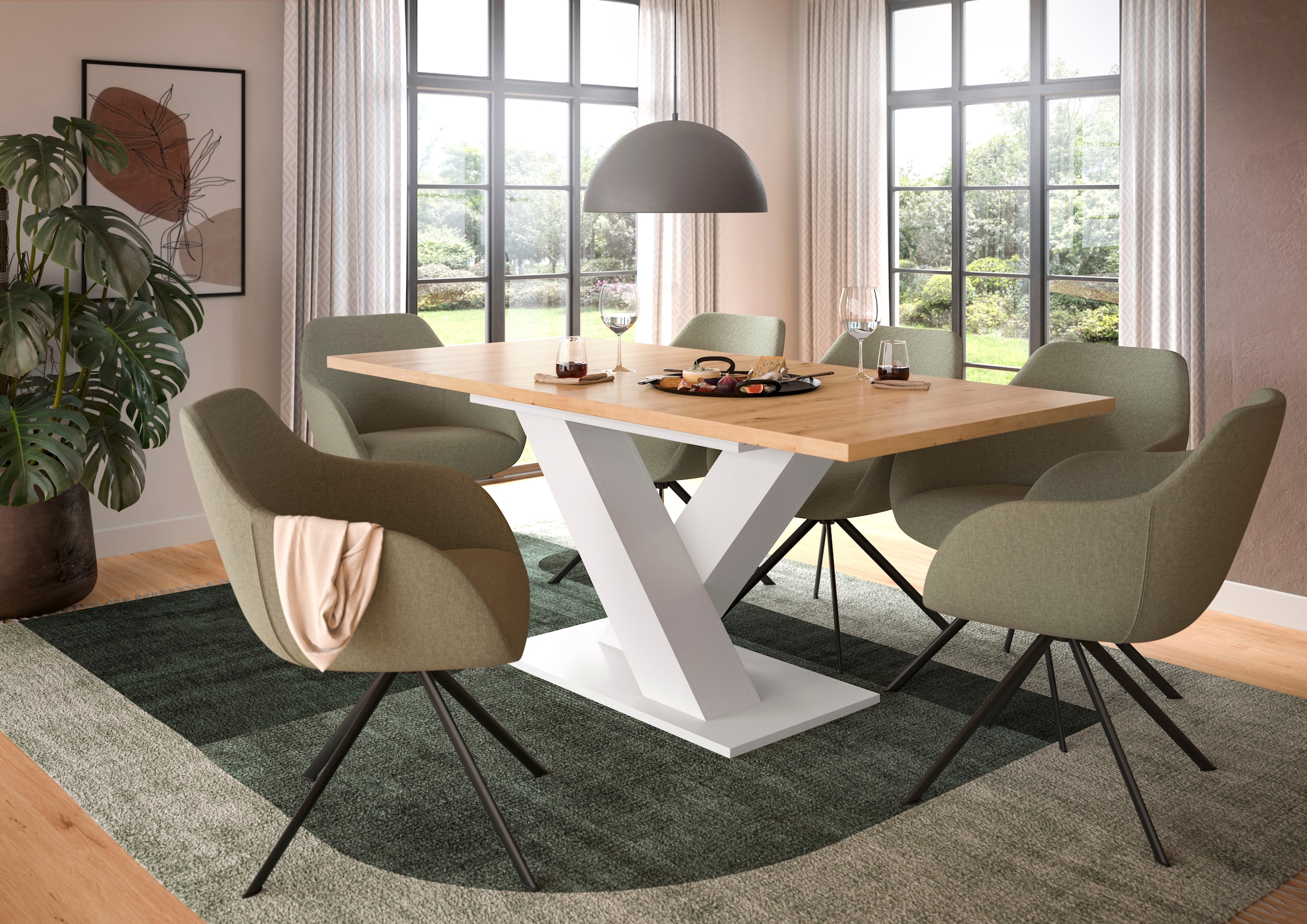 Home affaire Table de salle à manger »Motus, ausziehbar 150 -190 cm, inklusive 40 cm Einlegeplatte« Set, 1 cuis tlg. X-Gestell mit Bodenplatte, Tisch, Küchentisch, Esszimmer, Küche