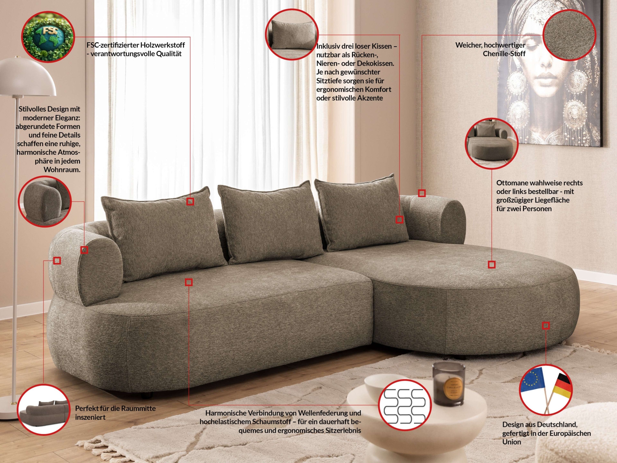 Home affaire Ecksofa »LUSSAC L-Form Design-Sofa mit Zierkissen, Masse B/T/H: 257/159/78 cm« hoher Sitzkomfort und modernes Design, Sofa ohne Bettfunktion