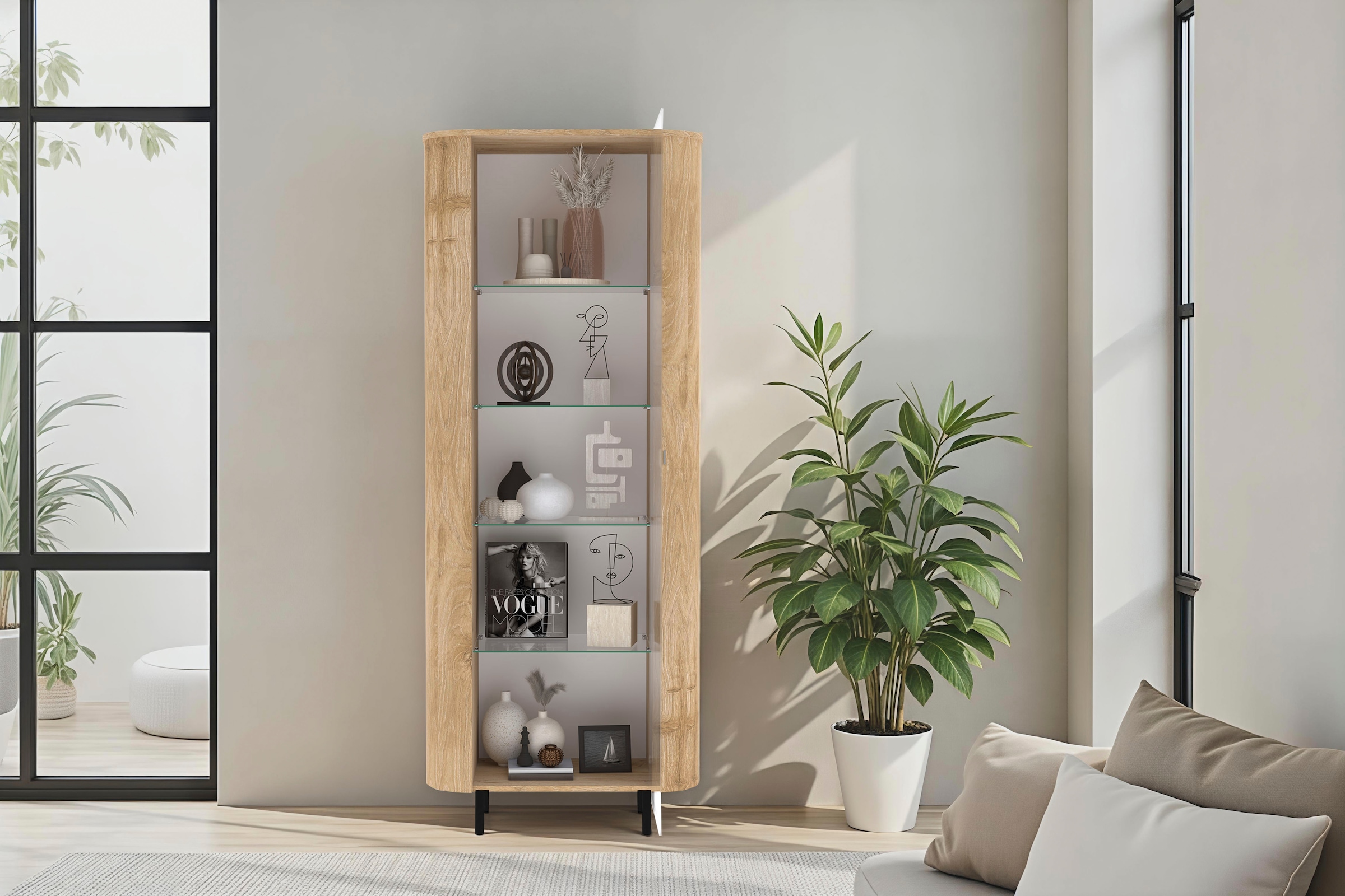 Home affaire Vitrines »Murano, Standvitrine H 200 cm, B 80 cm, 1 Tür, Vitrinenschrank« Formgebogenes MDF, Stirnseiten mit Rundung, Metallfüsse, stilvoll