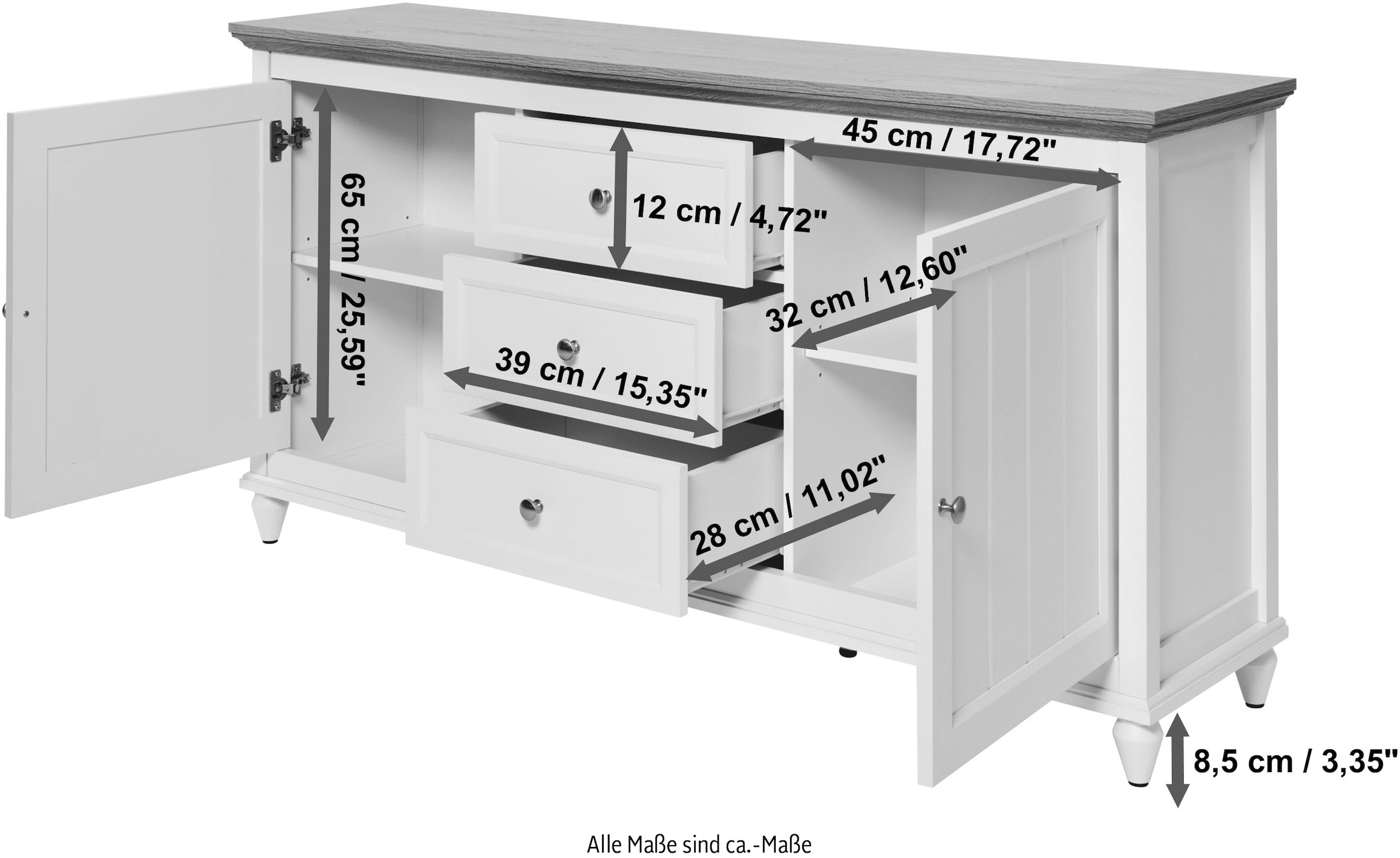 Jahnke Buffet »COTTAGE SB 150« 1 cuis tlg. Buffet, style campagne, 2 portes et 3 tiroirs, largeur env. 150 cm