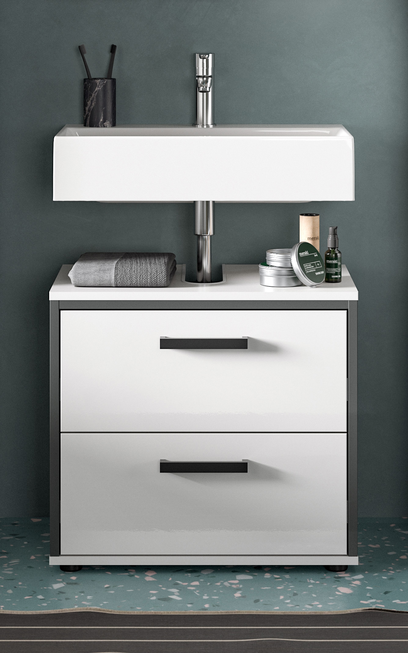 welltime Waschbeckenunterschrank »KAJO, hochglanz Front, 2 Schubladen, Siphonausschnitt« 1 Stk. tlg. Waschbecken, Unterschrank, Bad, Badezimmer, Schrank