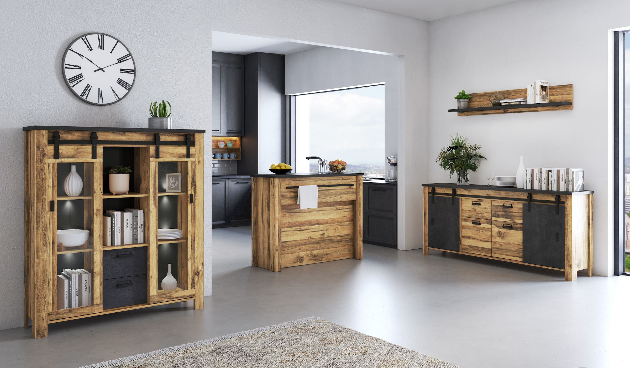 Home affaire Highboard »York, moderner Hochschrank, Vitrine in Hunton Oak, Industrialdesign« mit Scheunentorbeschlägen & Apothekergriffen aus Metall, 150 cm hoch