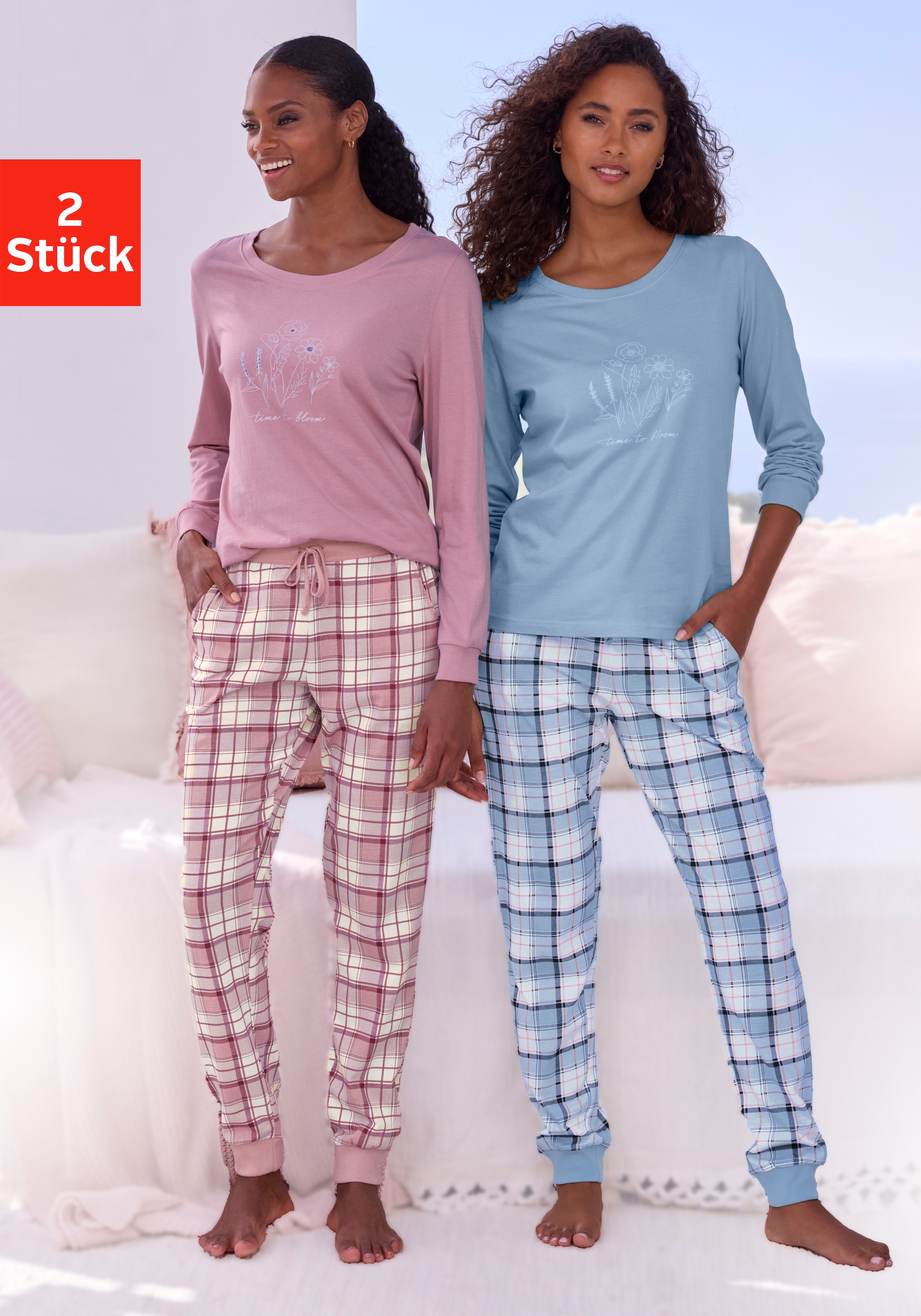 Vivance Dreams Pyjama Set, 2 Stück,  Elastische Rippbündchen