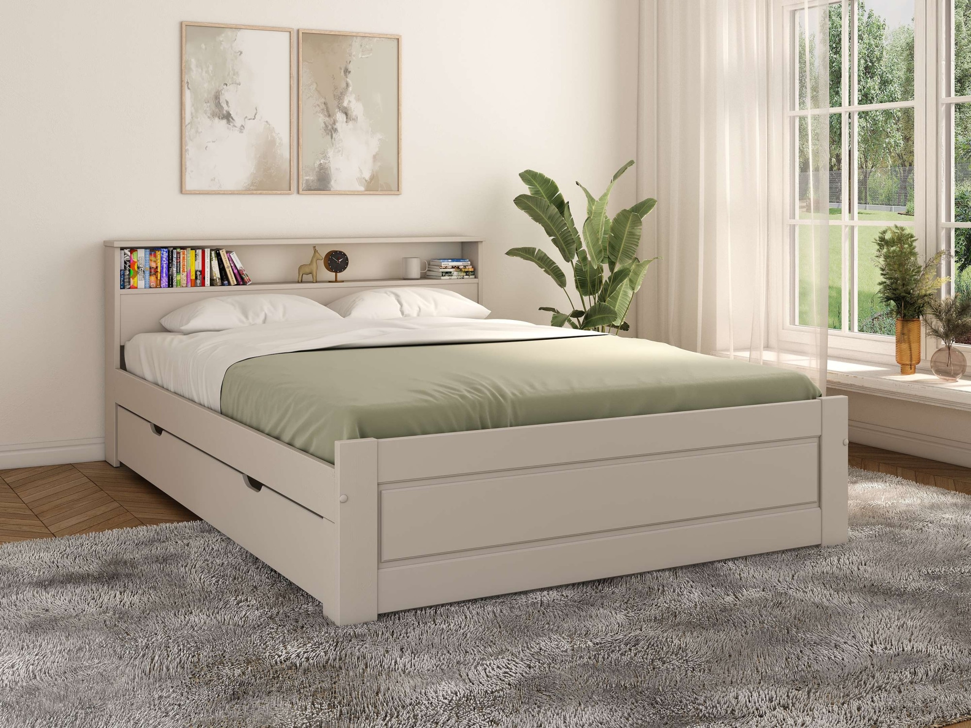 GOODproduct Massivholzbett »FLAVION,  Jugendbett, Stauraum, FSC® zertifizierte Kiefer« Breite: 90, 140, 180,  Qualitätsprodukt, Regal, Kassettenoptik, Schublade optional