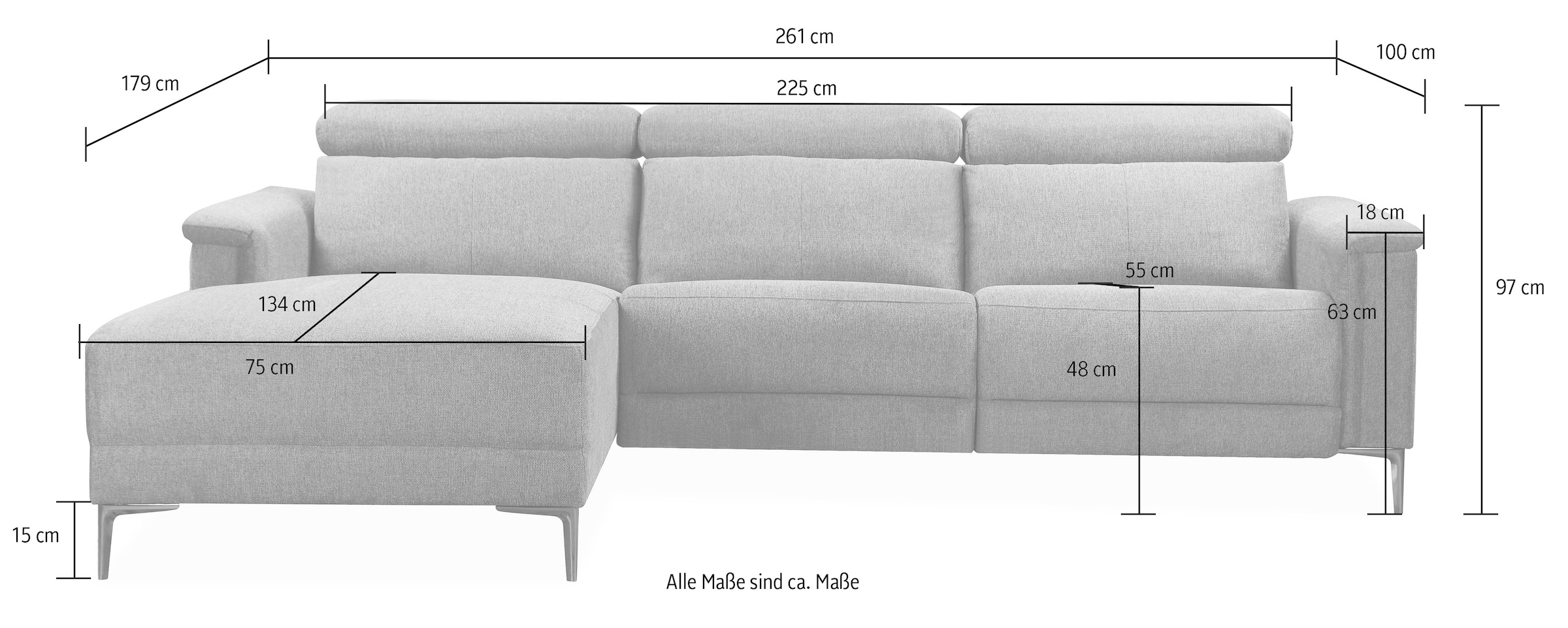 GOODproduct Canapé d'angle »LUND, Naturleder, L-Form, 261cm, man./elektr. Relaxfunktion (USB-A)« avec connexion USB A pour la version électrique et réglage de la tête de lit