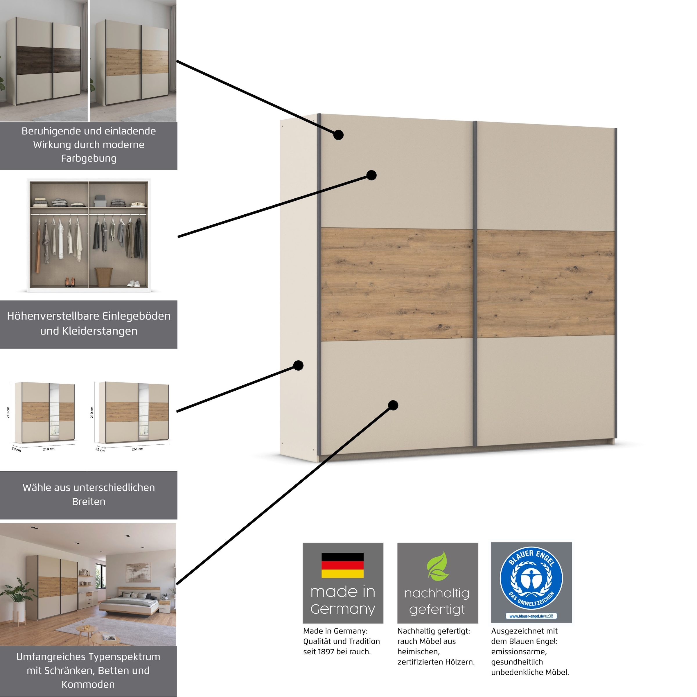 rauch »Kleiderschrank Schrank Garderobe Schlafzimmerschrank SAJO« in 2 Breiten (218, 261 cm) optional mit Spiegel MADE IN GERMANY