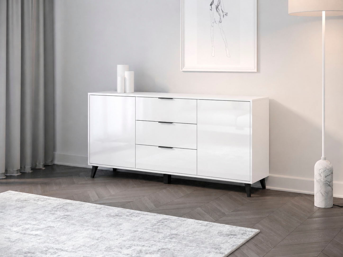 GOODproduct Buffet »Oslo, B/H/T: 150/76/39,5 cm« 3 tiroirs, 2 portes avec ouverture par pression, poignées en métal noires