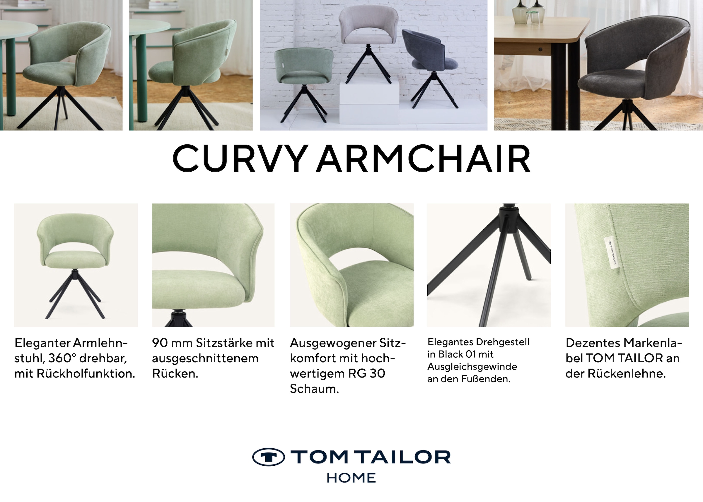 TOM TAILOR HOME Chaise avec accoudoirs »CURVY ARMCHAIR« (Set) 2 cuismit Armlehnen, drehbar, Rückholfunktion, Rückenausschnitt