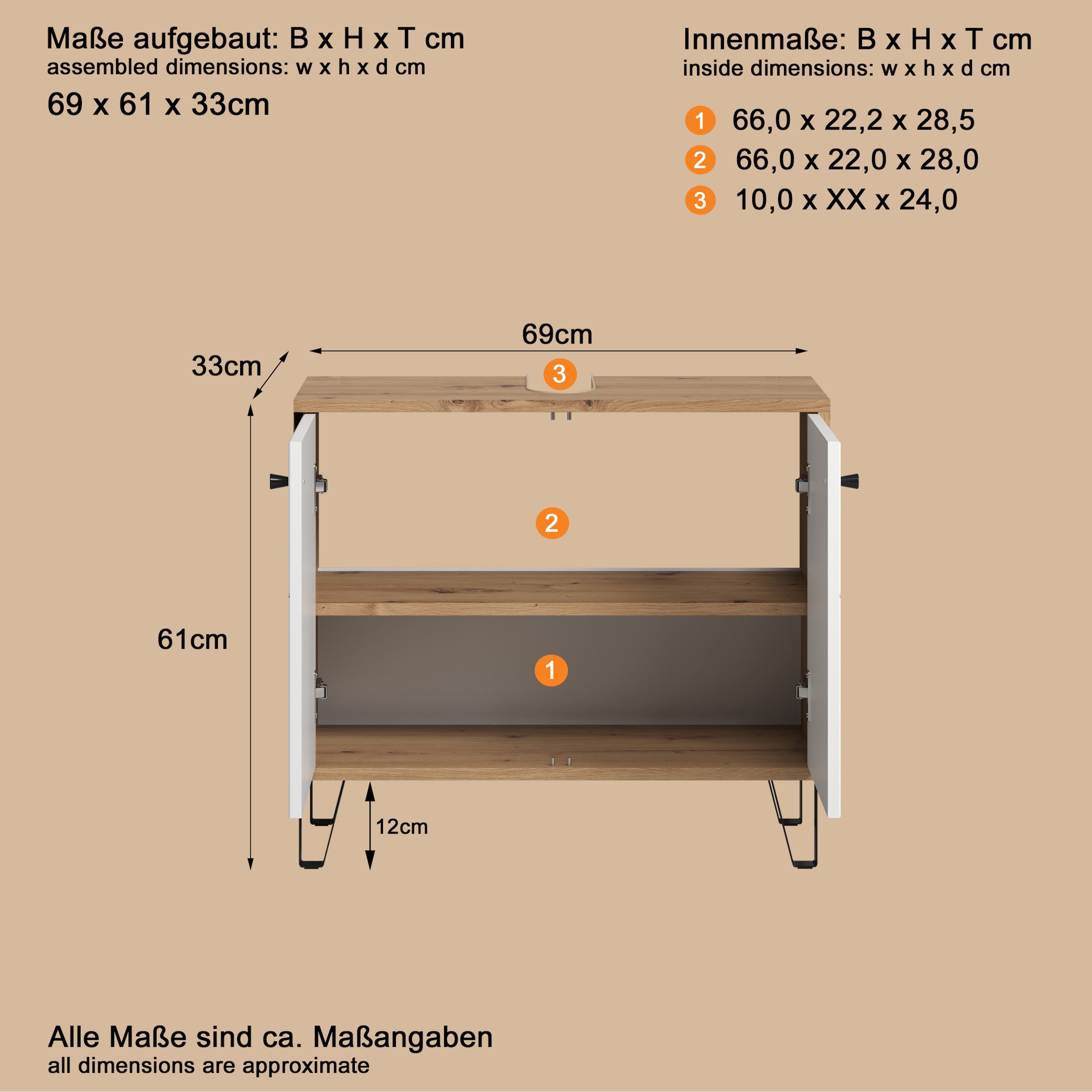 PLACES OF STYLE Armoire sous lavabo »Tarragona« 1 cuis tlg. Waschbeckenunterschrank mit 2 Türen - (B/T/H) 69/32/61 cm