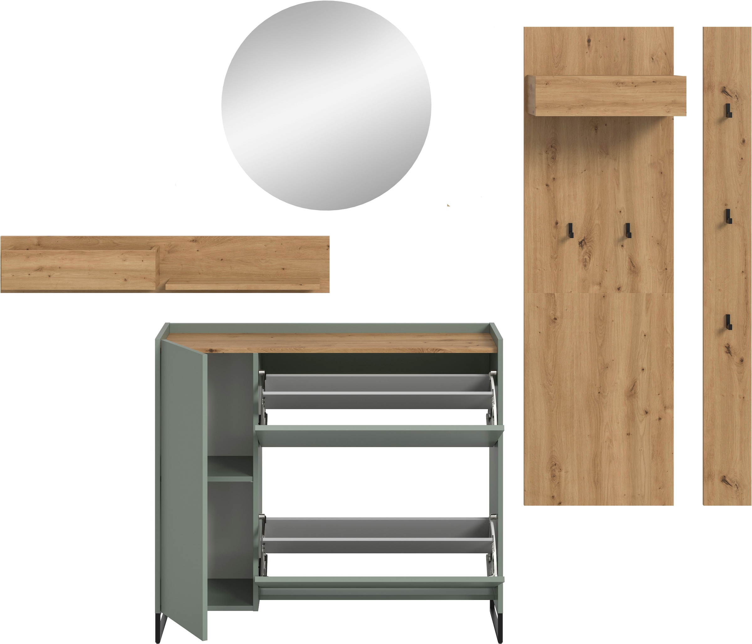 Home affaire Garderoben-Set »EVRID, 5-teilig, Breite 236 cm, individuell stellbar & erweiterbar« best. aus.: Wandboard, Kommode, Spiegel, Garderobenpaneel, Hakenleiste, 5 Stk. tlg.