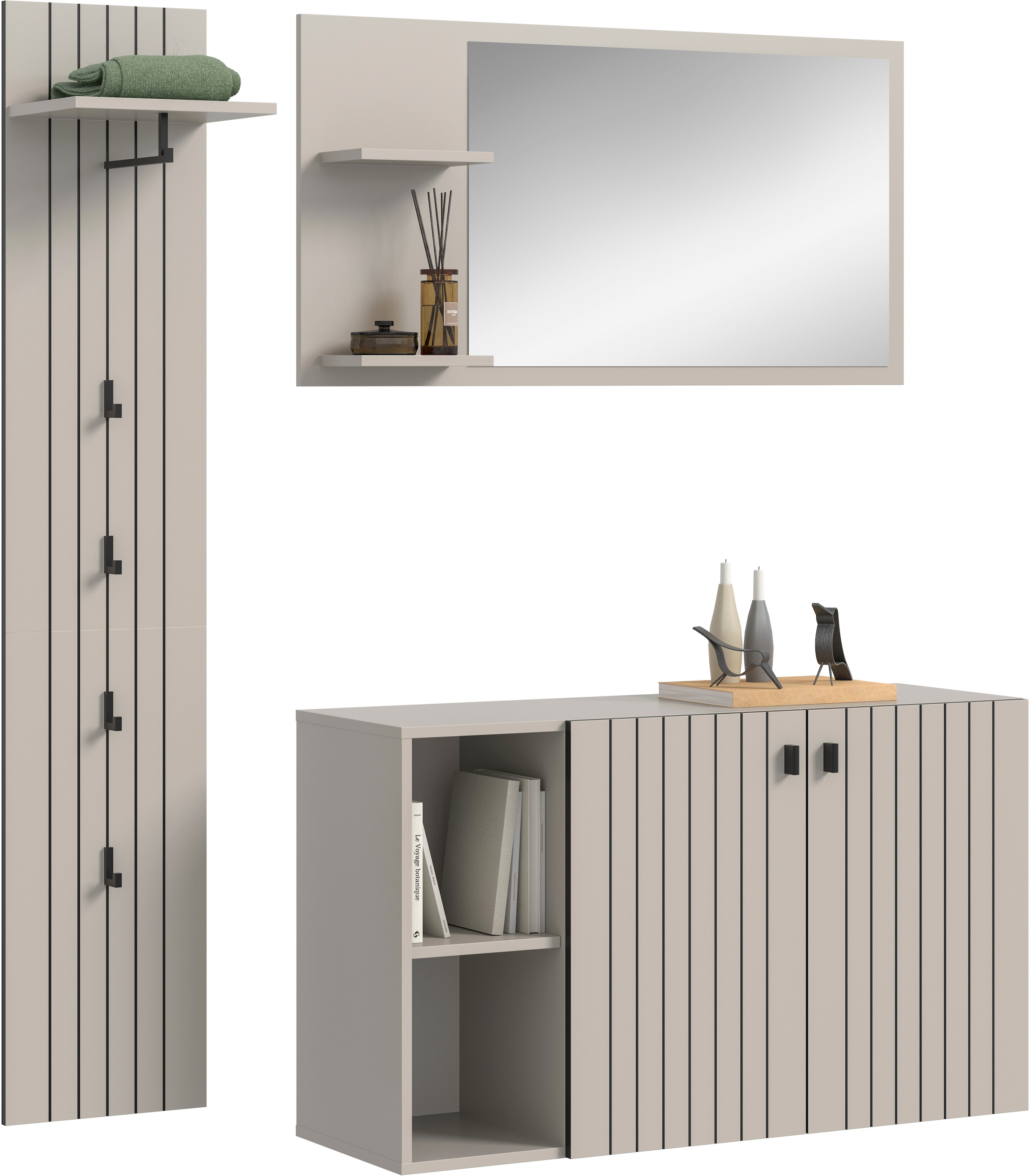 Home affaire Garderoben-Set »TATIO, 3-tlg. Garderobenkombination, Breite: 152 cm Rillenfräsung« Set, Set, best. aus: 1 Spiegel, 1 Garderobenpaneel, 1 Schuhkommode, 3 Stk. tlg.
