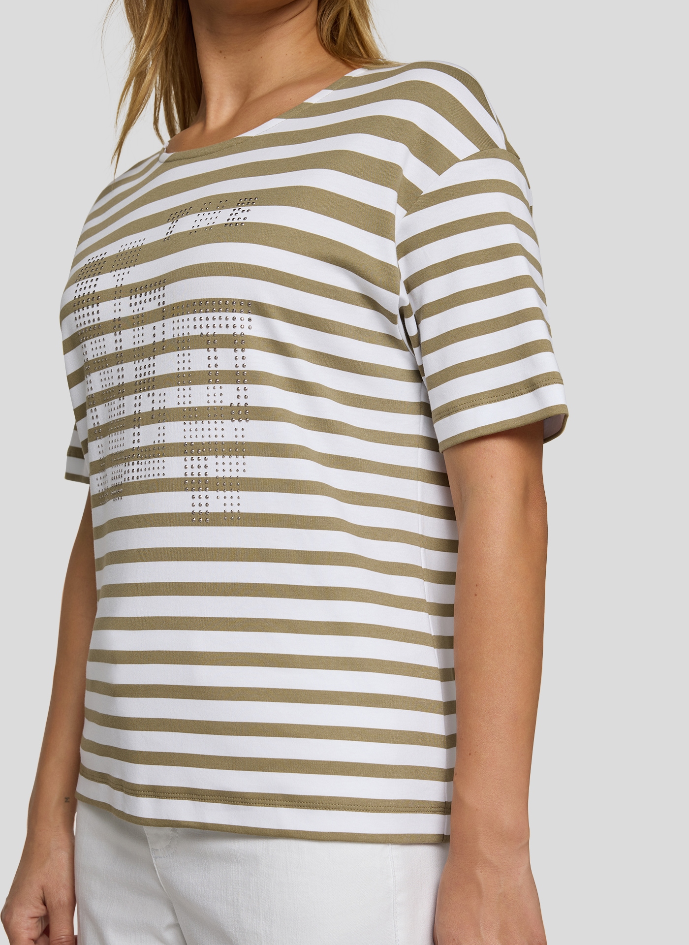 Rabe Shirt à col rond mit Allover-Streifen und Glitzersteinen