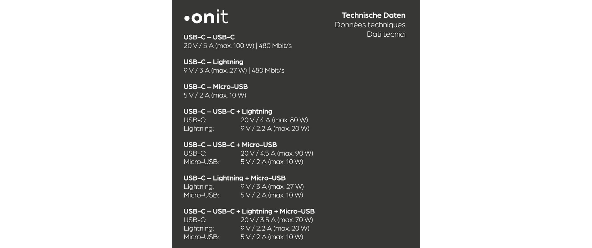 onit USB-Kabel »2.0-Kabel - Lightning/USB-C/Micro-USB B, 2 m« 200 cm Multiadapterkabel mit einer Ladeleistung von bis zu 100 W