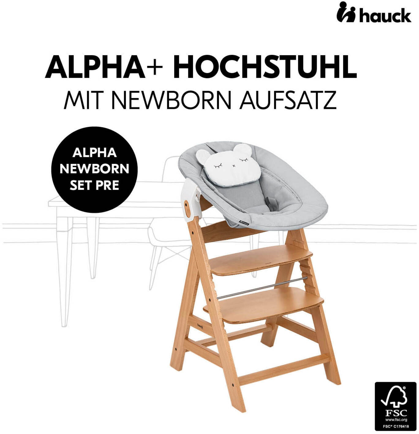 Hauck Hochstuhl »Alpha Newborn Pre, Nature Grey« () mit Newborn Aufsatz; FSC® - schützt Wald