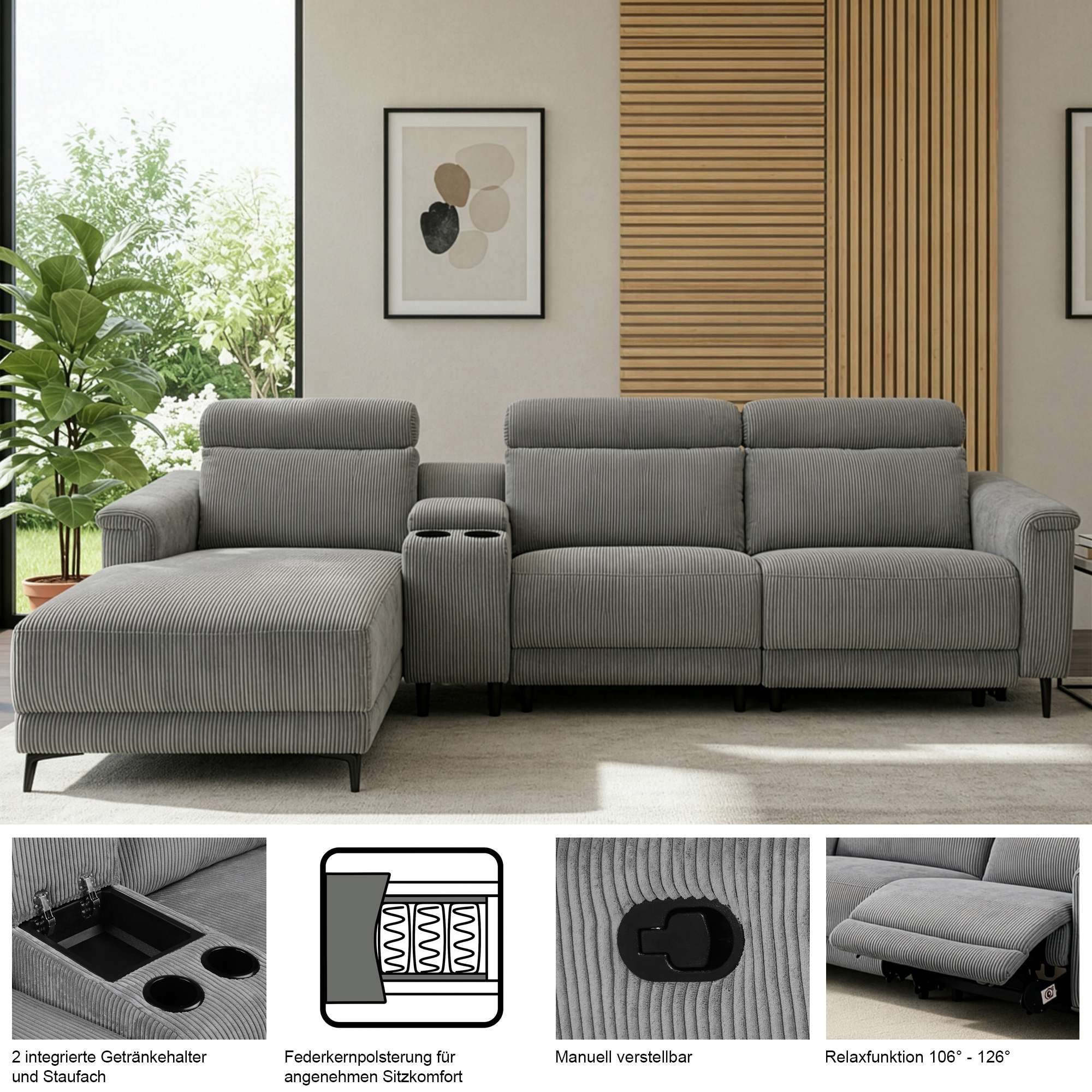 GOODproduct Ecksofa »LUND Kinosofa, L-Form, 298cm, man./elektr. Relaxfunktion (mit USB-A/C)« USB-A/C bei elektr.Variante, Kopfteilverstellg/Getränkehalter/Staufach
