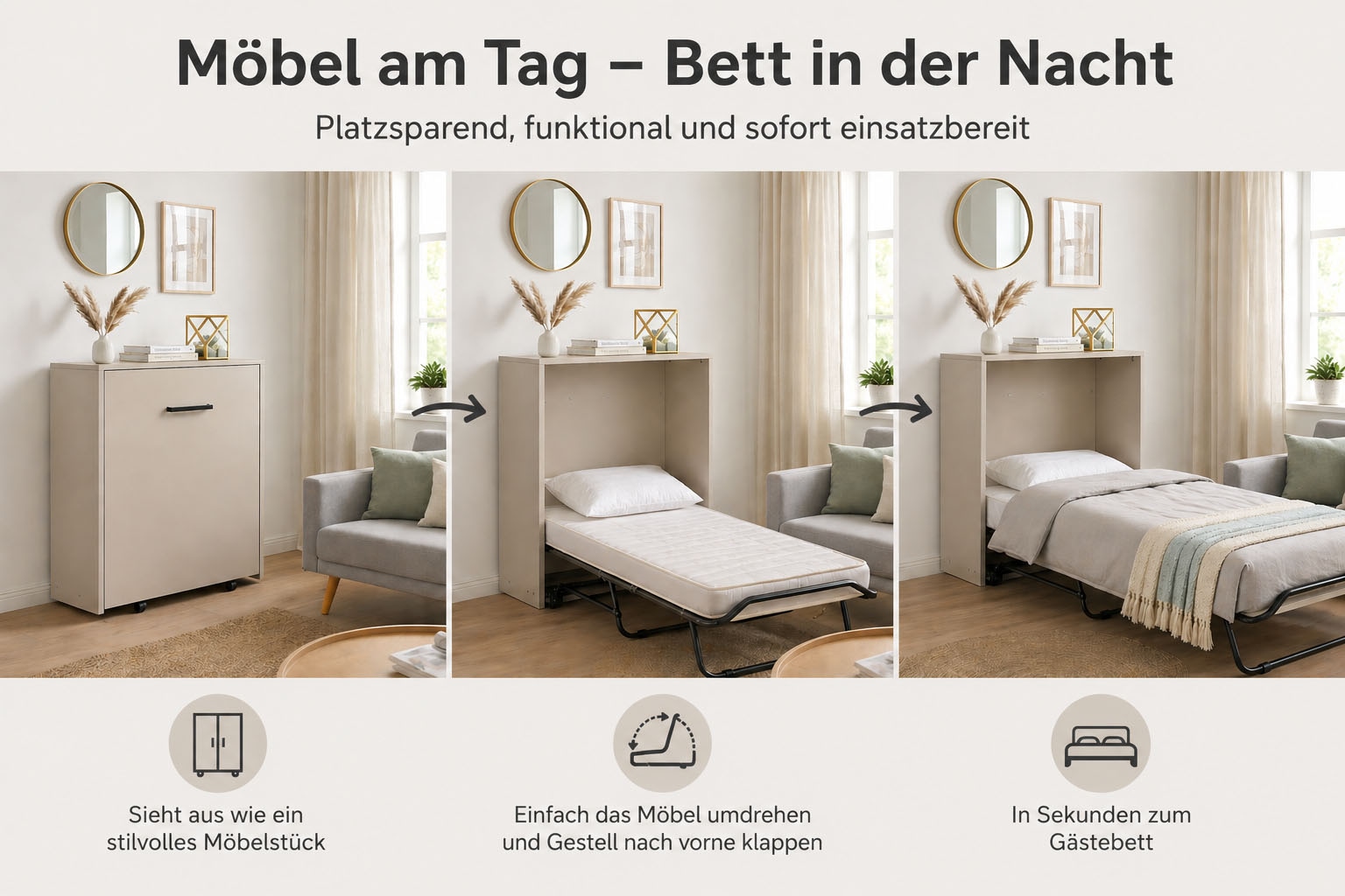 Home affaire Lit armoire »Sognum als Gästebett nutzbar, Wandklappbett in Kommodenoptik« Disponible en blanc, noir et cachemire,  incl. matelas, lit pliant gain de place, optimal pour petits espaces