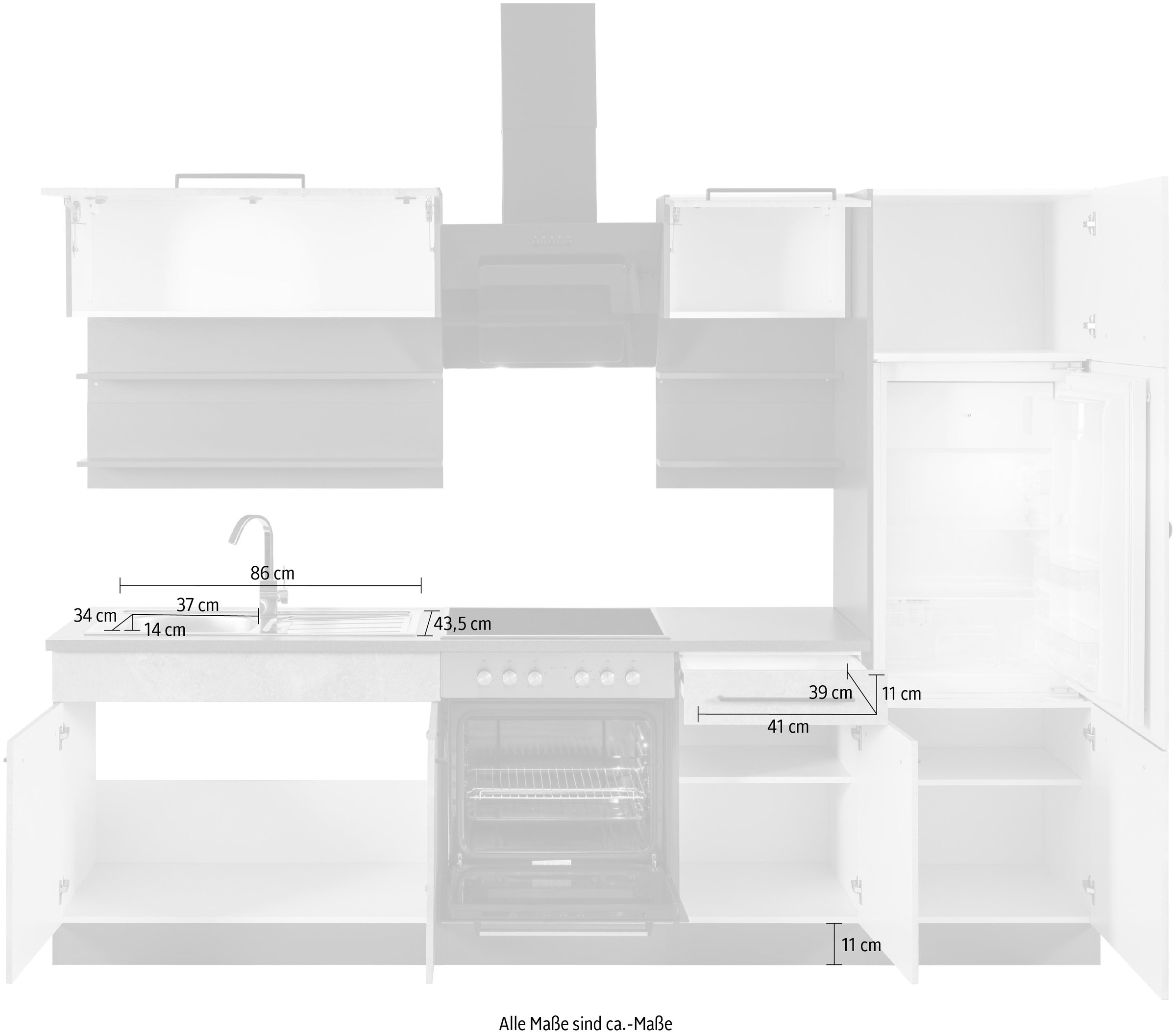 KOCHSTATION Küchenzeile »KS-Tulsa« ohne E-Geräte, Breite 270 cm, schwarze Metallgriffe, MDF Fronten