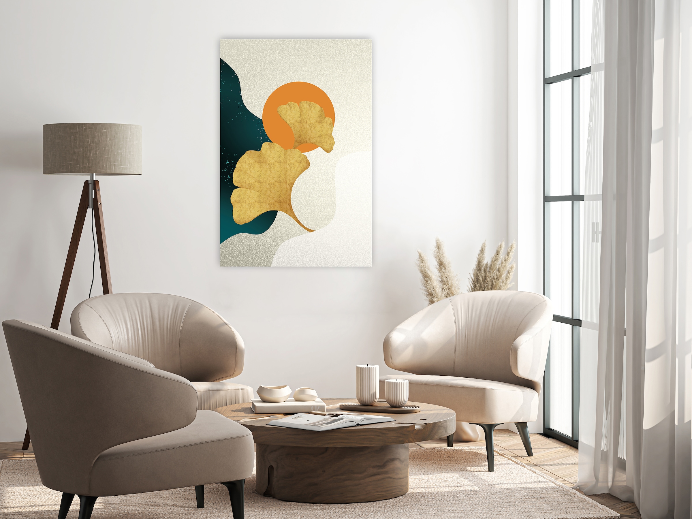 queence Tableau sur toile »Gingkoblatt Abstrakte Kunst, Canvas Bild von Hand bespannt« 1 cuis tlg. Motifs gingko intemporels dans des couleurs claires
